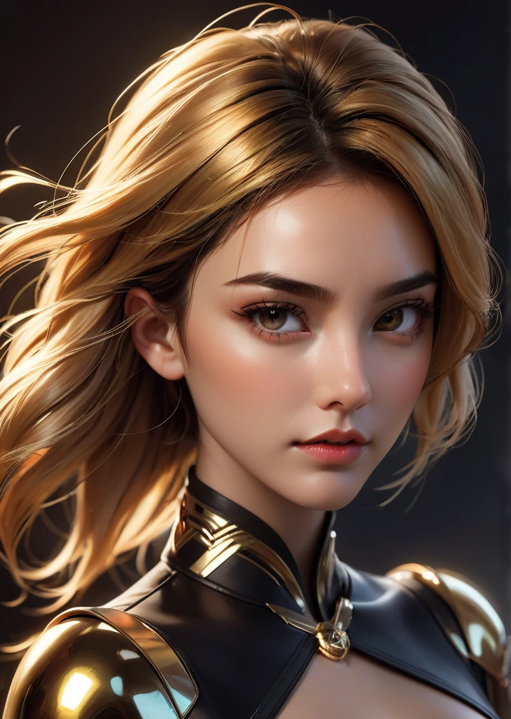 craft a hyper realistic vertical photo of most attractive ernst woman in her 30s, Blondes Haar, kleines Brötchen, Cyberpunk goldener Mecha eleganter chinesischer Cheongsam-Bodysuit und golden maskierte psychedelische Kriegerinnen, (metallic golden mask), mit dunkler Atmosphäre mechanische Detail Kabel und mit Katana schwarz und rot Farbpalette gotischen Stil, Digital art, modern, glatt, sehr detailliert, formell, ernst, bestimmt, CEO, koloriert, glatt, charmant, hübsch, sanftes Lächeln, weiche Lippen, schwarze Augen, Trendsetter Wolfsschnitt braune Haare, Gal Gadot, emma watson,
(Farbfeld, konzeptionell, zeitgenössisch, Digital, geometrisch, Minimalismus)
(   by  Ellen Jewett Raymond Swanland Mike Winkelmann )