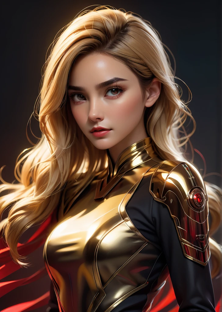 craft a hyper realistic vertical photo of most attractive ernst woman in her 30s, Blondes Haar, kleines Brötchen, Cyberpunk goldener Mecha eleganter chinesischer Cheongsam-Bodysuit und golden maskierte psychedelische Kriegerinnen, (metallic golden mask), mit dunkler Atmosphäre mechanische Detail Kabel und mit Katana schwarz und rot Farbpalette gotischen Stil, Digital art, modern, glatt, sehr detailliert, formell, ernst, bestimmt, CEO, koloriert, glatt, charmant, hübsch, sanftes Lächeln, weiche Lippen, schwarze Augen, Trendsetter Wolfsschnitt braune Haare, Gal Gadot, emma watson,
(Farbfeld, konzeptionell, zeitgenössisch, Digital, geometrisch, Minimalismus)
(   by  Ellen Jewett Raymond Swanland Mike Winkelmann )