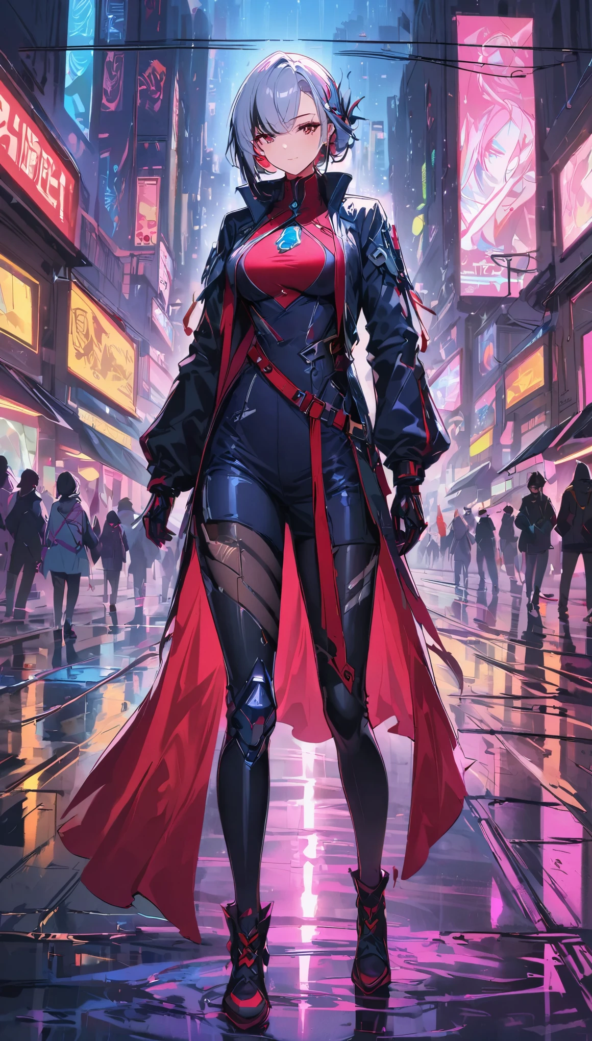 (meilleure qualité), (super bien), (chef-d&#39;œuvre), illustration, A girl Chinese costume cyberpunk, （cyberpunk，Vêtements de style chinois，implants cybernétiquesaller à la caméra,Accessoires pour cheveux, couleurs vives，éclairage dynamique，néons，Toits de la ville brillants，projection holographique，vêtements de mode du futur，Une combinaison d&#39;éléments traditionnels et modernes.，Maquillage avant-gardiste，Coiffure exquise，Confiance et détermination，Environnement urbain，Averse，Réflexion sur la route glissante，sensation métallique，Armure mécanique, accessoires magnifiques，Produits de haute technologie，Des cyberaméliorations impressionnantes，concentration claire，détails tordus, Rendu overclocké, lumière de bord cinématographique, Bonne lumière, chef-d&#39;œuvre, Super détails, travail épique, ultra haute définition, haute qualité, 32K, Arlequin,