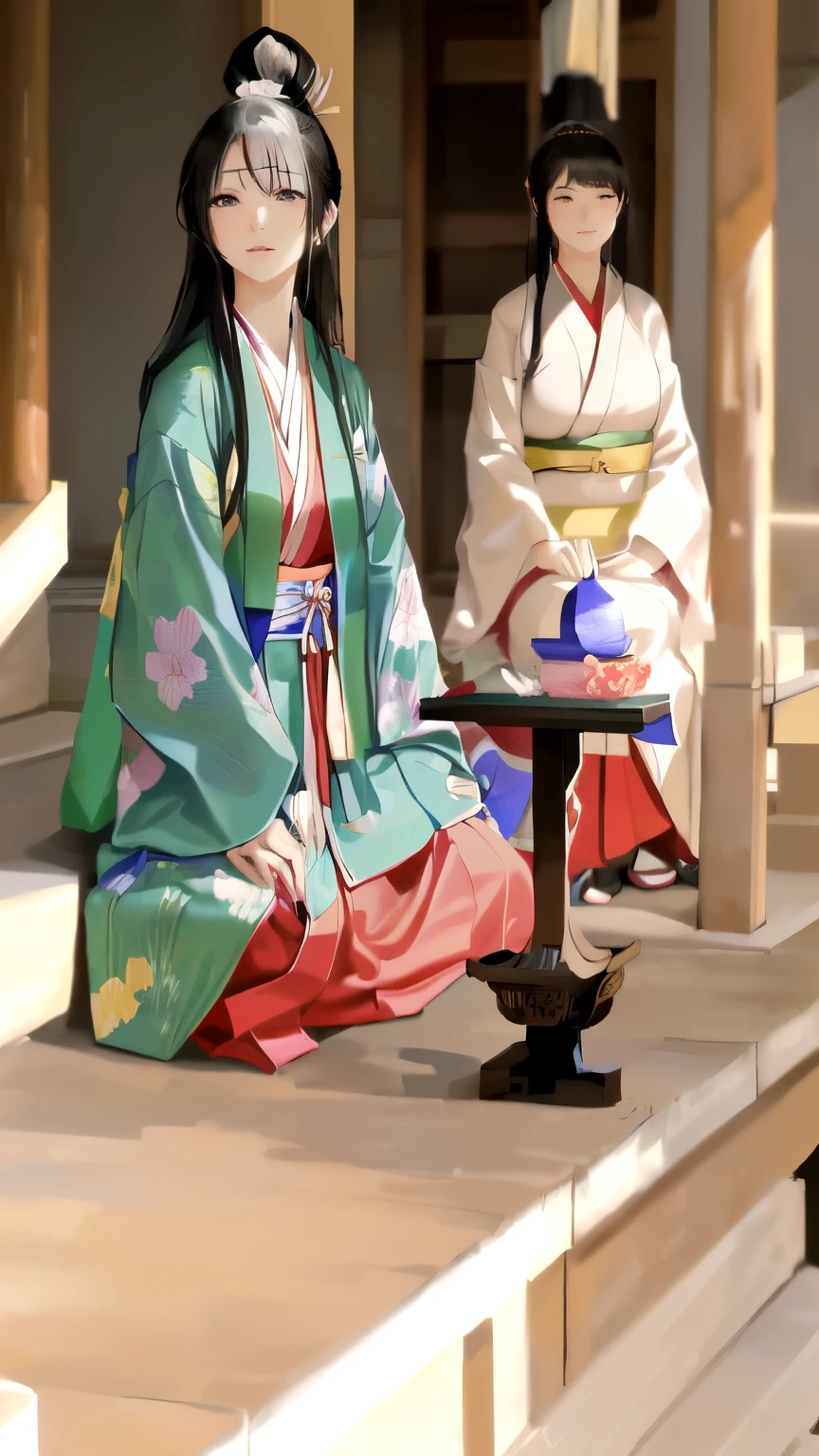 There are two women sitting on the steps of a building., Live-action movie stills, A scene from a live-action movie, Tea ceremony scene, Traditional Japanese, From the Sengoku period, Wearing Imperial Kimono, wearing a simple robe, wearing a haori, Safety, Wearing a loose robe, Inspired by Sesshu Toyo, katsura masakazu