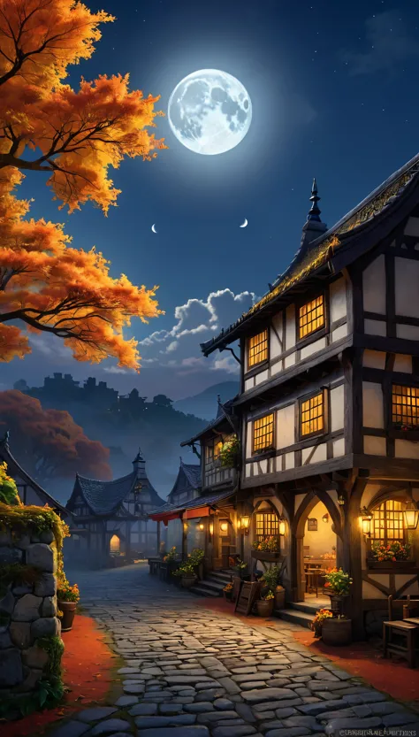 at the heart of a fascinating medieval tavern、surrounded by seasonal autumn colors、a masterpiece of art and detail。highest quali...