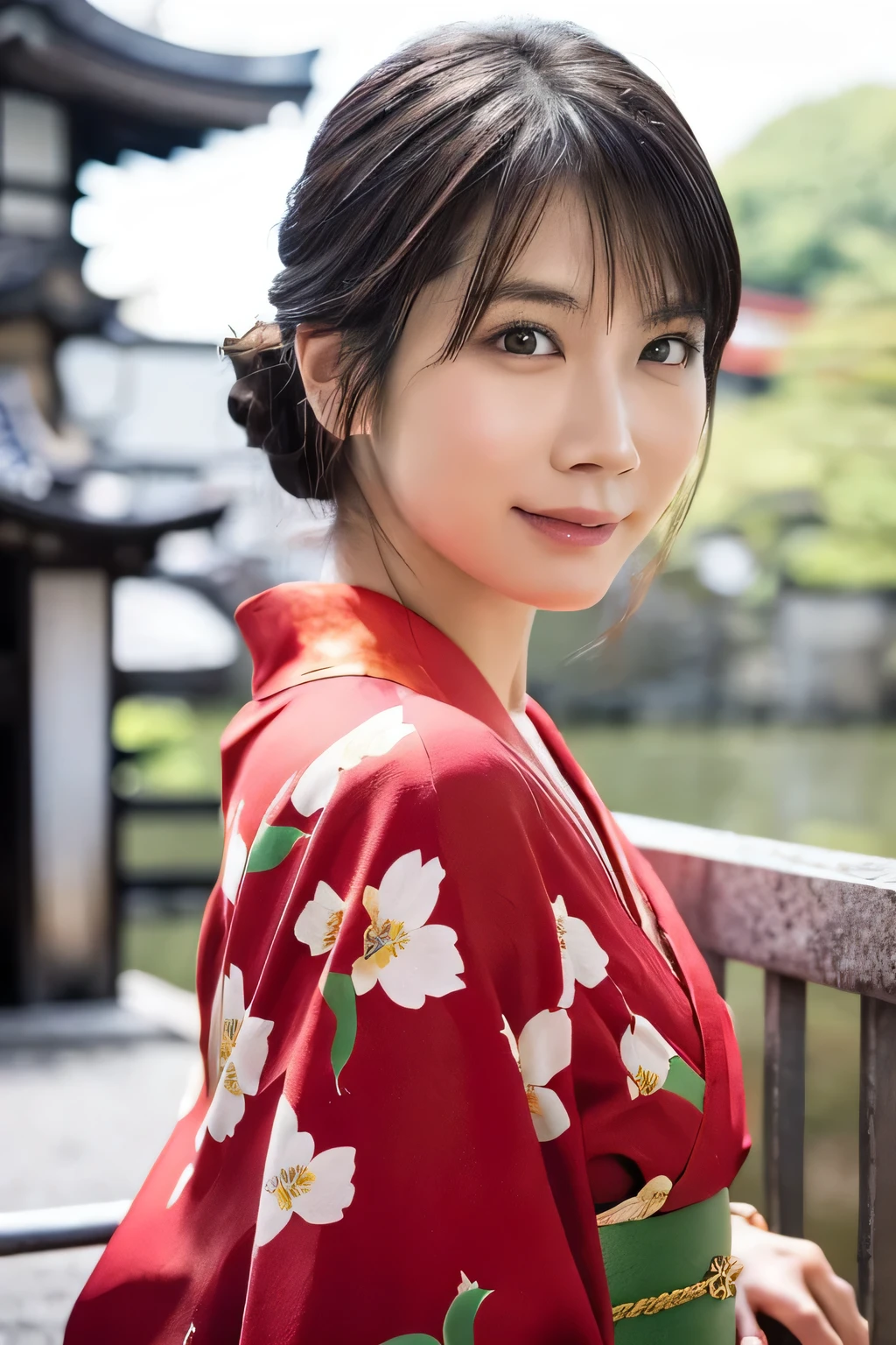 1 girl, (Wearing a red kimono:1.2), Very beautiful Japanese idol portraits, 
(RAW Photos, highest quality), (Realistic, Realistic:1.4), (masterpiece), 
Very delicate and beautiful, Very detailed, 2k wallpaper, wonderful, finely, Very detailed CG Unity 8K wallpaper, Very detailed, High resolution, Soft Light, 
Beautiful detailed girl, Very detailed目と顔, Beautiful and sophisticated nose, Finely beautiful eyes, Cinema Lighting, 
(Commemorative photo taken while sightseeing in Kyoto:1.3),
(Japanese hairstyle), (bangs),
Complete Anatomy, Slender body, Small breasts, smile