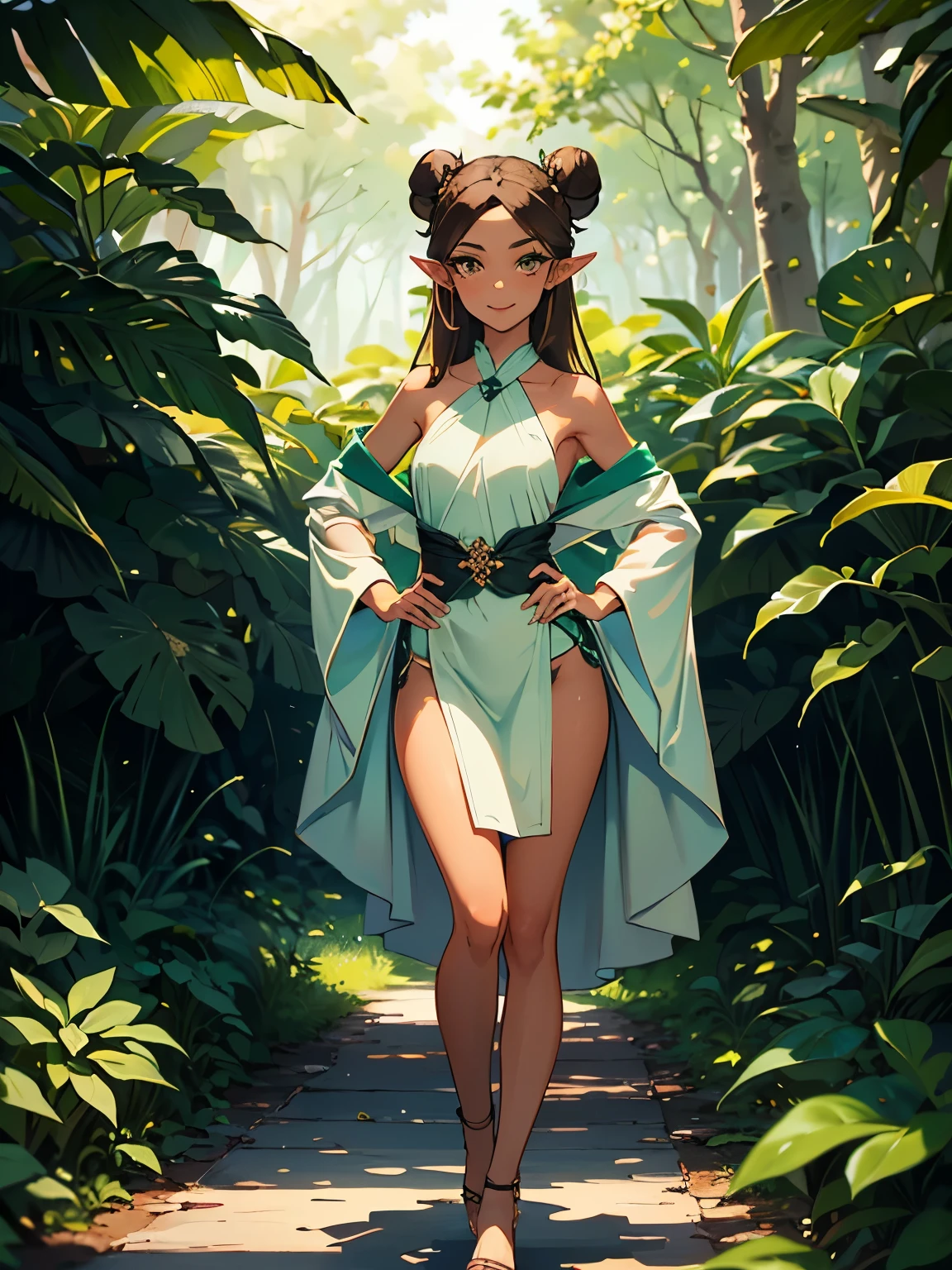 masterpiece, high quality, illustration, extremely detailed, cg unity 8k, ((summer: 1.4)), 1_women, (full body) (tan exotic skin_complexion:1.4), mature, statuesque, beautiful, exotic, with long elf ears, smiling, (((looking away from viewer))), ((eyes looking away from camera)), hand on hips, holding cup of coffee, medium breast, thigh gap, (wearing ((green)) diaphanous robes), white backless halter top dress, bare_shoulders, (((long brown hair))), ((twin hair buns)), detailed face having (((hazel eyes)), dark_eyeliner, long_eyelashes), natural dynamic lighting casts detailed shadows, forest, temple