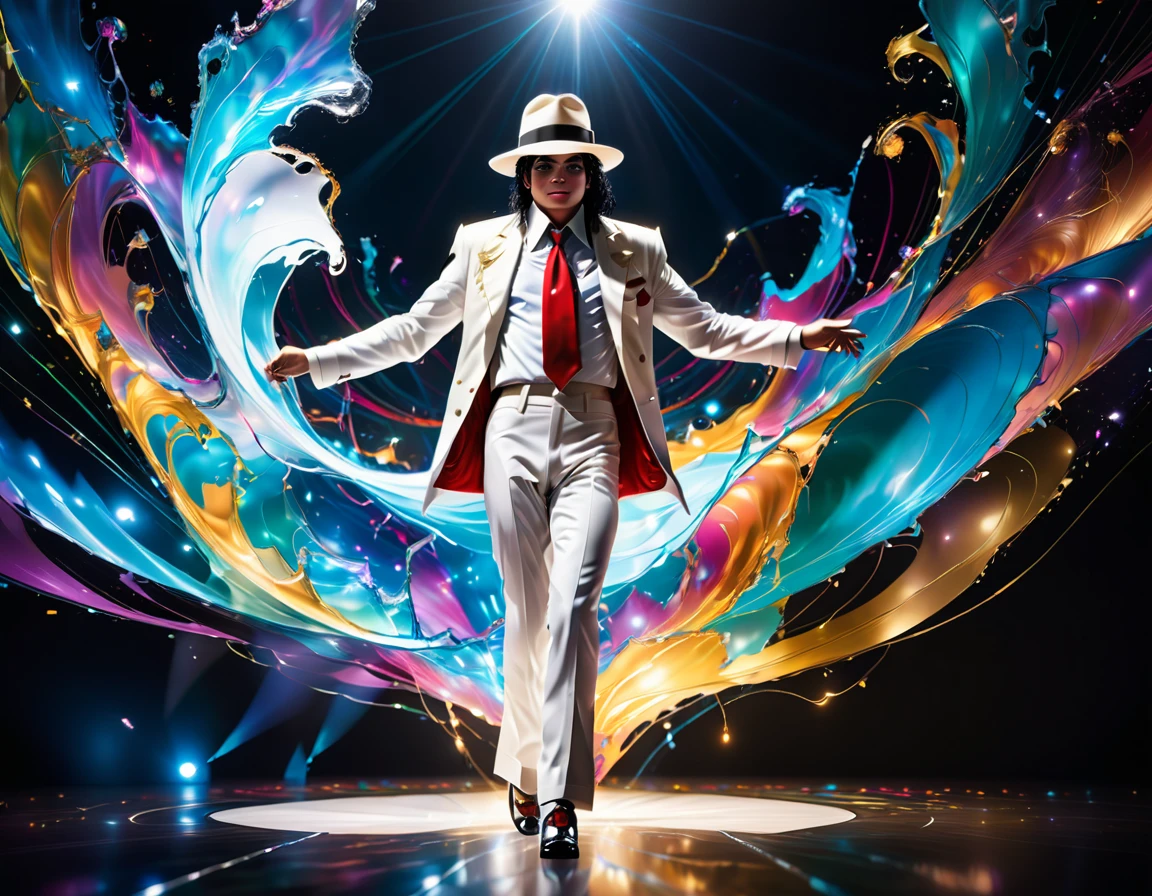 (glatter Krimineller),1 Mann\((Michael Jackson:2.0),weißer Anzug,necktie,weißer Hut,singen und tanzen,Ganzkörper,dynamische pose\), BRECHEN ,Hintergrund\(viele Scheinwerfer,(Live-Bühne:1.5),(viele Zuschauer:1.5)\), BRECHEN ,Qualität\(komplizierte Details, sehr scharf, detailliertes Gesicht, detaillierte Haut,8k,Tapete einer äußerst detaillierten CG-Einheit, Meisterwerk,hohe Auflösung,top-Qualität,top-Qualität real texture skin,hyper realisitic,Erhöhen Sie die Auflösung,RAW-Fotos,beste Qualität,sehr detailliert,die Tapete,Filmische Beleuchtung,Strahlenverfolgung,Goldener Schnitt\),Landschaft,Langer Schuss,Weitwinkelaufnahme,dynamischer Winkel