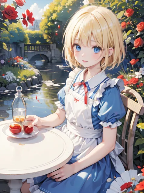 (8k, highest quality, Tabletop:1.2)、Ultra-high resolution、Alice in Wonderland, One 10-year-old girl, Detailed face、blue eyes, Bl...