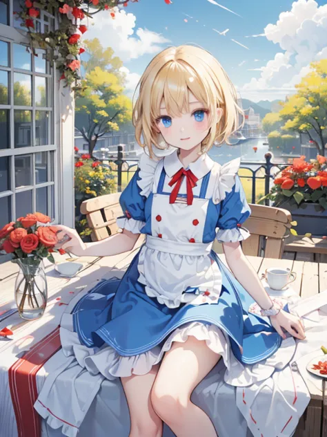 (8k, highest quality, Tabletop:1.2)、Ultra-high resolution、Alice in Wonderland, One 10-year-old girl, Detailed face、blue eyes, Bl...