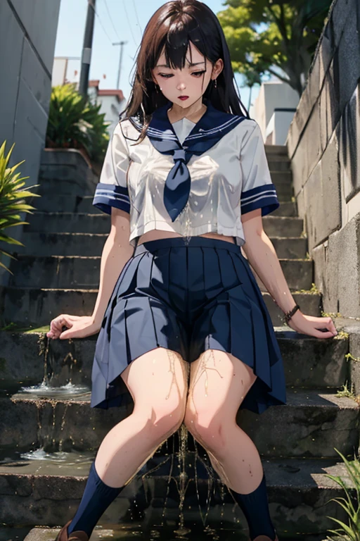 anime, 最high quality, high quality, High resolution, Beautiful woman, high school girl, Attention to detail, Good lighting, Obscene, Hentai, ((Short sleeve, cute navy sailor suit, Navy Pleated Skirt, Navy sailor collar, Blue Sailor Scarf, socks, Brown Loafers)), (Wet shorts), (((Incontinent))), (((Peeing))), (((Peeing on your own))), (Pee drips from the crotch), Pee stains, (puddle), (Thick thighs), Nice long legs, Detailed face, Pretty face, Humiliated, Embarrassing, Outdoor, Heherz