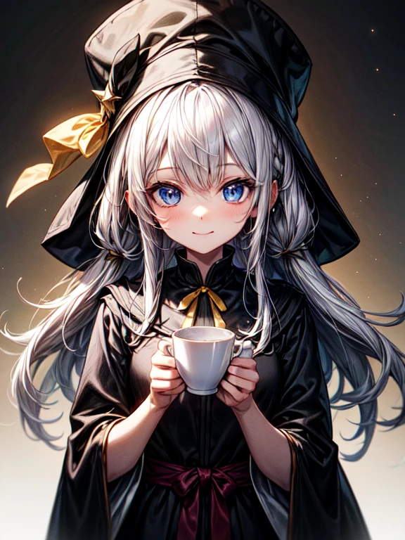 Elena_(Maybe_No_hearing), Workshop, masterpiece, 4k,, 1 girl, female, Beautiful, A cup, White hair, Big Magic Hat + black on top and purple on the inside, Blue eyes, White shirt, yellow ribbon, black robe,, kawaii, I look at the viewer, slight smile, magical girl, background medieval Europe,