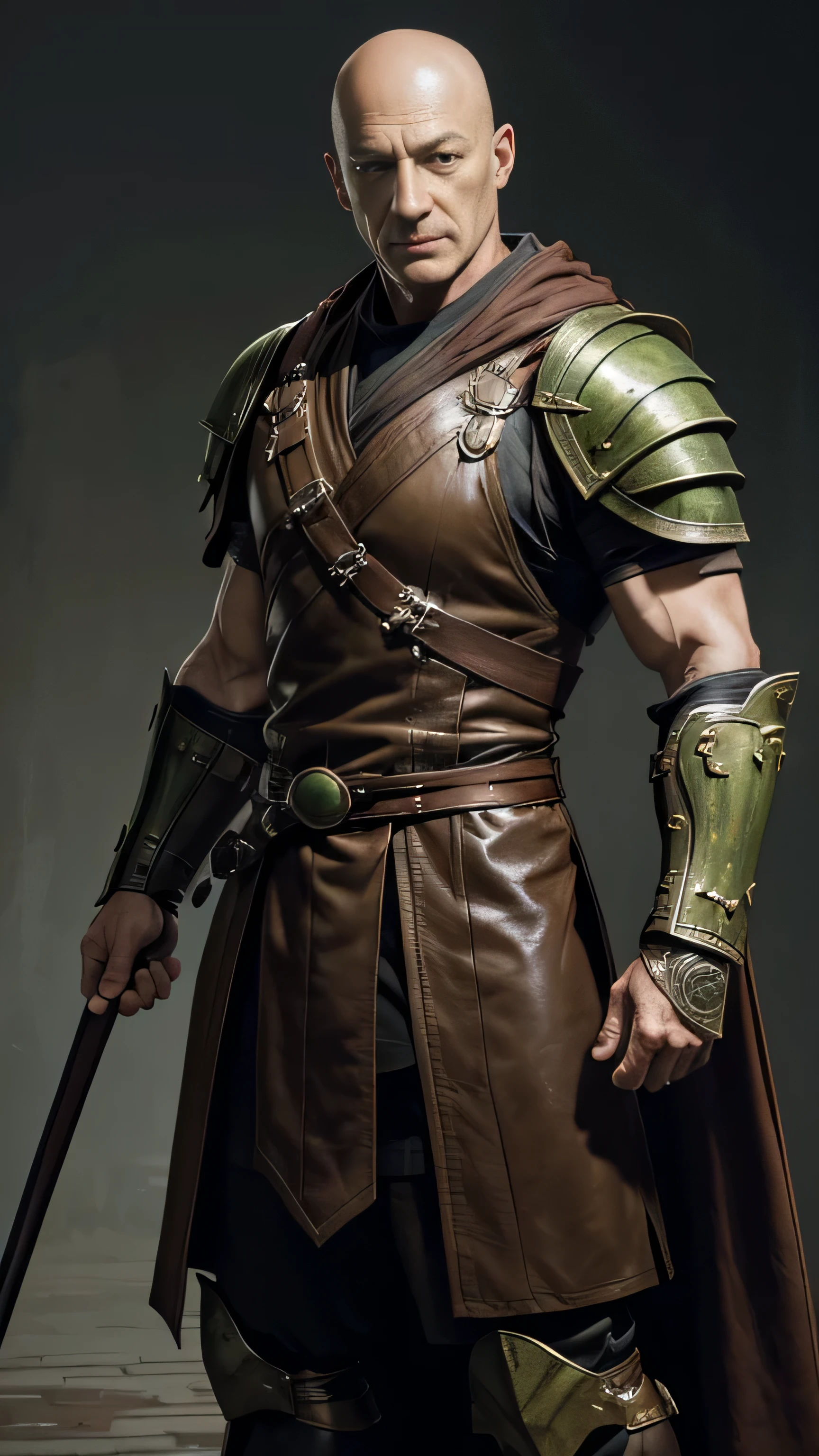 ((Jason Isaacs)) as Dairou from Mortal Kombat, bald head, ponytail, green tunic, brown robe, belts, straps, armor pieces, brown leather gauntlets, shin guards, 1man, solo, full body view, front view, looking at viewer, intricate, high detail, sharp focus, dramatic, photorealistic painting art by greg rutkowski