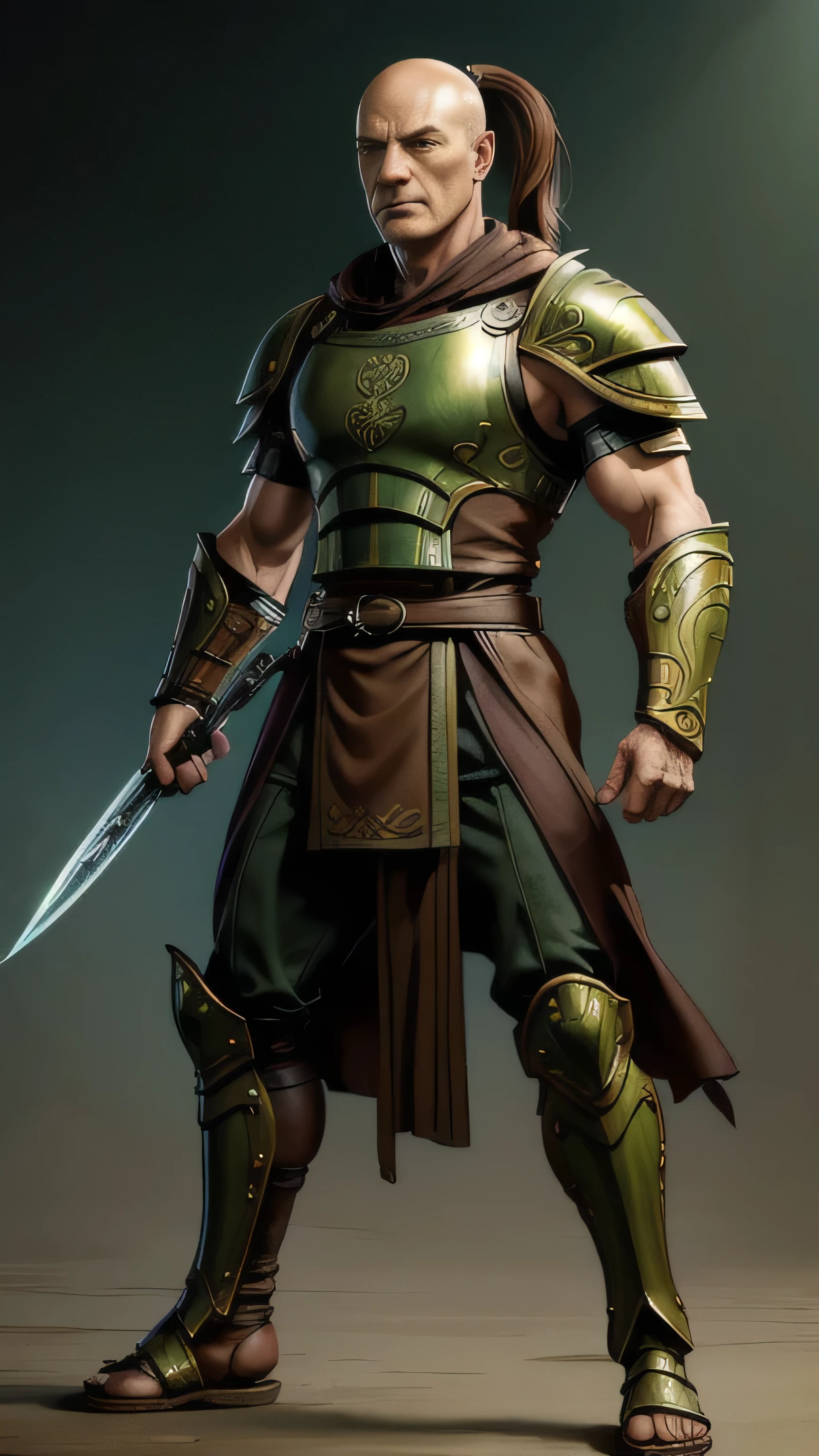((Jason Isaacs)) as Dairou from Mortal Kombat, bald head, ponytail, green tunic, brown robe, belts, straps, armor pieces, brown leather gauntlets, shin guards, 1man, solo, full body view, front view, looking at viewer, intricate, high detail, sharp focus, dramatic, photorealistic painting art by greg rutkowski