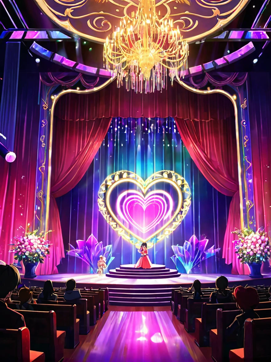 (Vision:1.5)，1girl, concert，audience, (Idol stage)，Neon，((Stage light))，Colorful，vase，Flowers，curtain，crystal Light，Heart shaped stage curtain and benches，Ballroom Background，Stage Background，chandelier，Anime Background Art Style Anime，Kingdom of Light Background，dazzling stage，Stadium Background，Colorful anime background，Stunning and mysterious，Lolish，light,Colorful，light shines on the floor