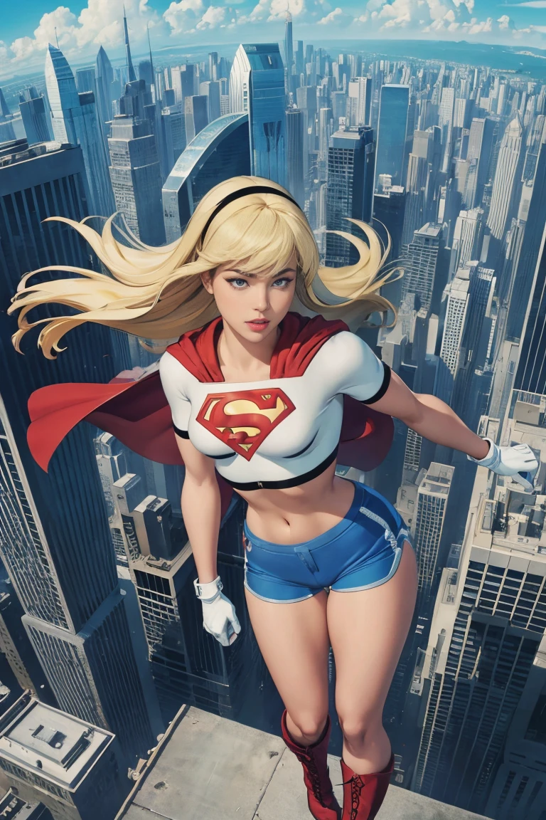 (cowboy shot), cameltoe, (masterpiece), (best quality: 1.0), (ultra highres: 1.0), detailed eyes, BREAK Supergirl, 1girl, long blonde hair, Hair band, \(white\) crop top, dolphin shorts, gloves, boots BREAK (clouds, city, stunning view) sexy, stunning, flying in the air, sexy, large