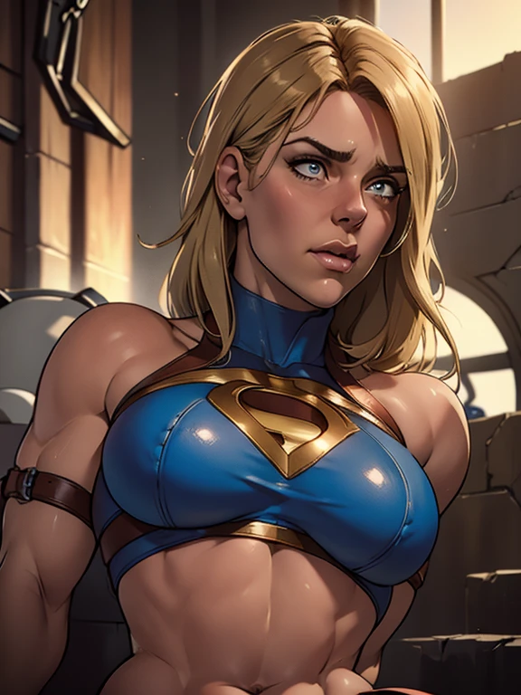 (best quality,4k,8k,highres,masterpiece:1.2),ultra-detailed,(realistic,photorealistic,photo-realistic:1.37),beautiful ((Power girl)),muscular,beautiful detailed eyes,beautiful detailed lips,longeyelashes,dark blond hair cascading down her shoulders,light beige sweater,full body,strong lighting,soft warm colors,blurred background,neutral expression, restrained in a sunlit city in ruins, (cameltoe), ((bound, restrained, kidnapped)), (((chained))), (((beaten by men))), (((hit in cheek:1.2))), (((violent hit action:1.2))), (((punched in the face:1.2)))