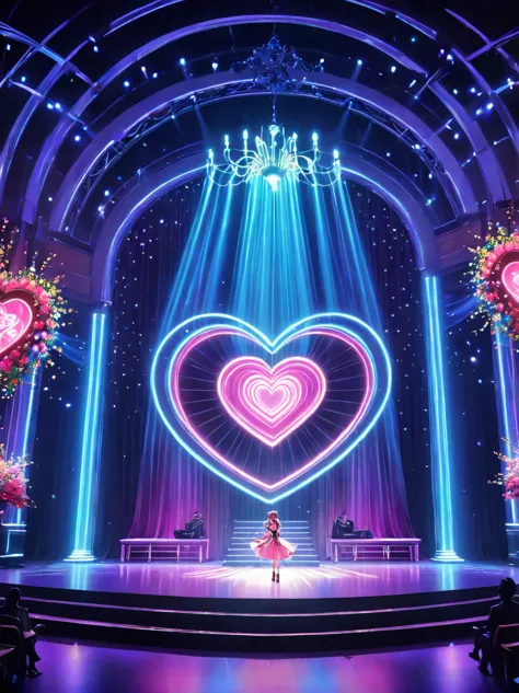 (Vision:1.5)，1girl, concert，audience, (Idol stage)，Neon，((舞台light))，Colorful，vase，Flowers，curtain，crystal Light，Heart shaped sta...