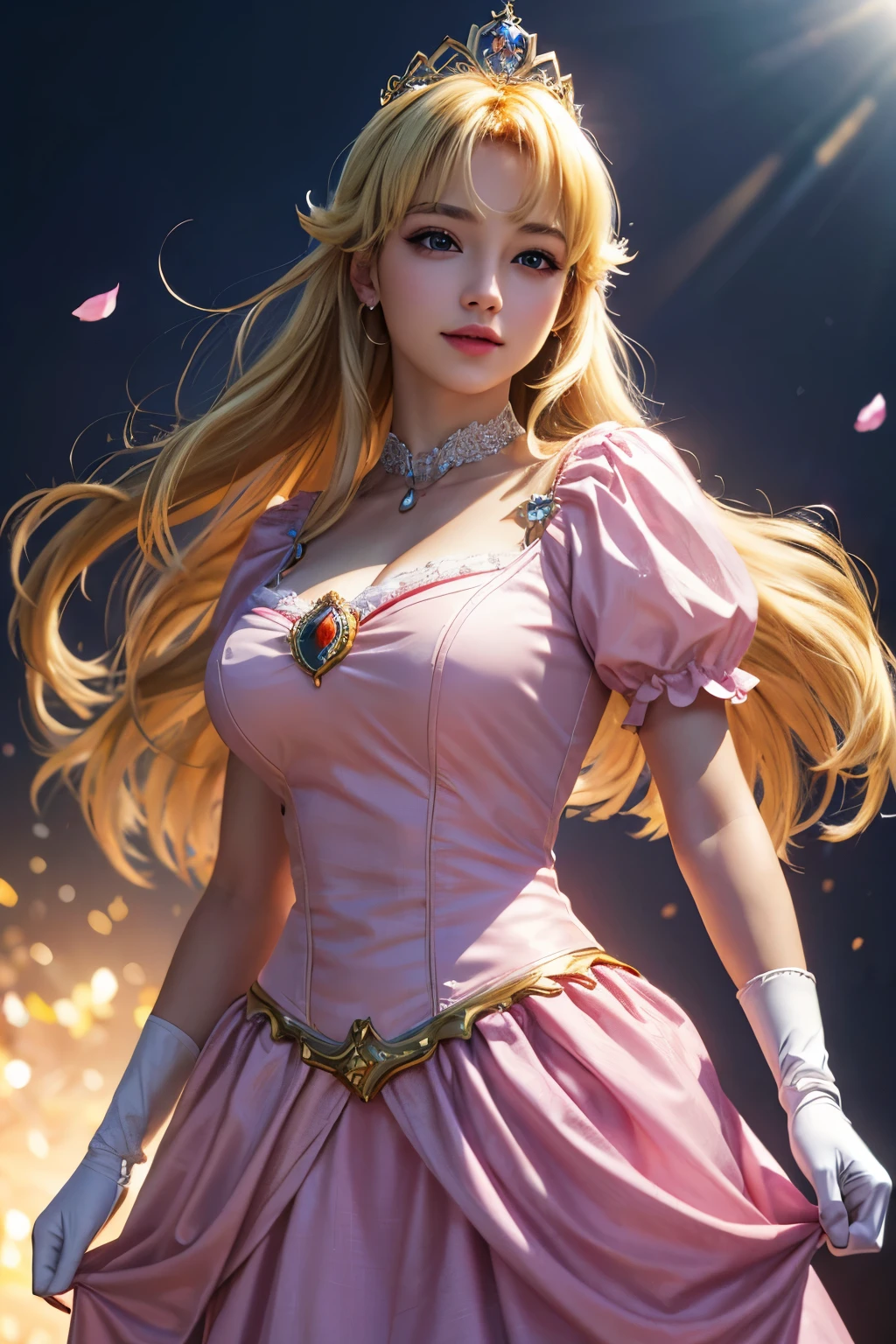 (ultra-realistic,32K, masterpiece:1.2),(Skin with attention to detail:1.1),( high quality:1.1),  Shorthand,   pointing, pointing at viewer,  One girl,    Princess Peach, bionde, Blue eyes, smile, Long Hair, Crown, dress, gem, gloves, pink dress, puffy Short sleeve, Puffy sleeves, Short sleeve, white gloves,  Upper Body, smile,   Blooming Star, Glowing petals, Fragrance of another world Blurred background, (View your viewers, Are standing:1.1),  (Glow Wave:1.1), （8k，RAW Photos），（Best Quality），（Masterpiece Loose），（Realistic，）（Realistic），（High resolution），Hyper Detail，（Gentle Realism：1.1），Beautiful Face， （1 Female：1.1），High resolution), (8k), (Very detailed), (4K), (Pixiv), Perfect Face, Beautiful eyes and face, (最high quality), (Very detailed), Detailed face and eyes, (alone), Textured skin, absurdes, High resolution,