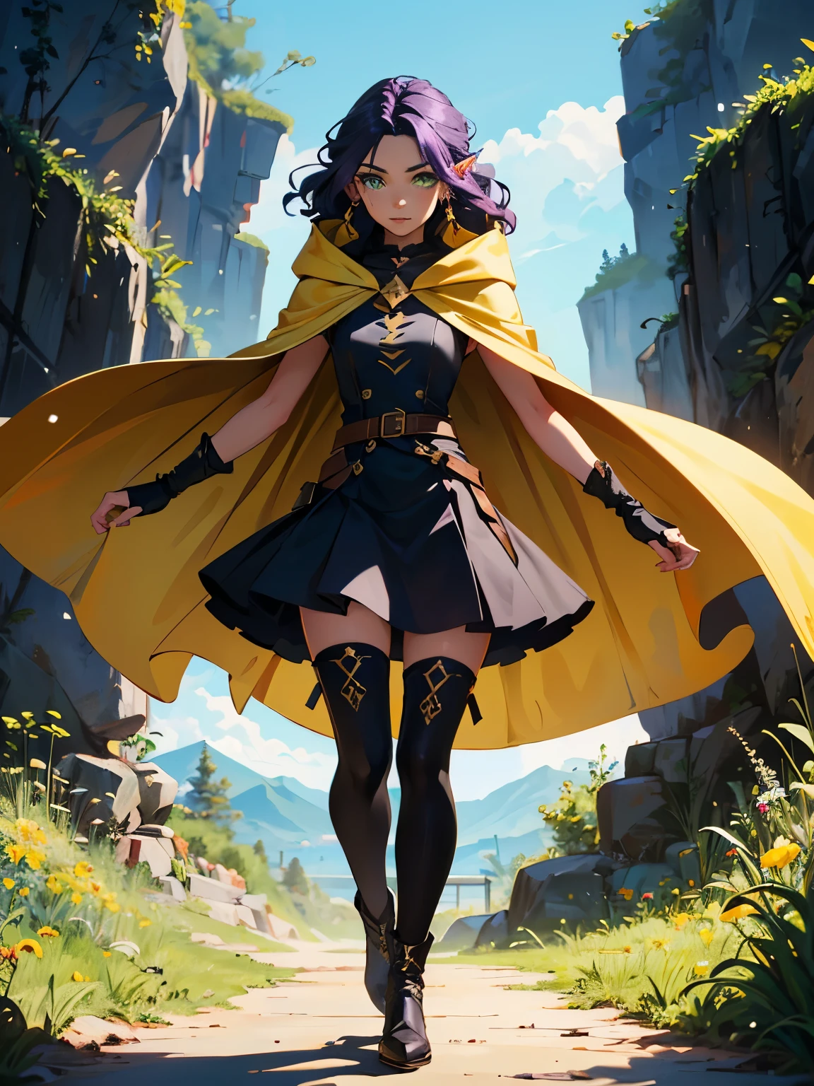 masterpiece, high quality, (1_woman), (full body), (exotic skin_complexion), mature, walking, talking, smiling, beautiful, exotic, with long elf ears, (((looking away from the camera))), (((eyes lookings away from viewer))), ((holding arms above head)), hands behind head, wearing (((yellow))) hooded cape), hood down, (((yellow cape))), broach, black choker, (thigh highs) with purple embroidery, long fingerless leather gloves, ((small breast)), black sleeveless dress, (bright purple hair), long hair, ((wavy hair)), realistic and detailed face having diamond shaped eyes, (((green eyes)), dark_eyeliner, long_eyelashes), natural dynamic lighting casts detailed shadows, black thigh highs, knee high dark brown boots, in flower garden, mountains in the distance, sunny day,