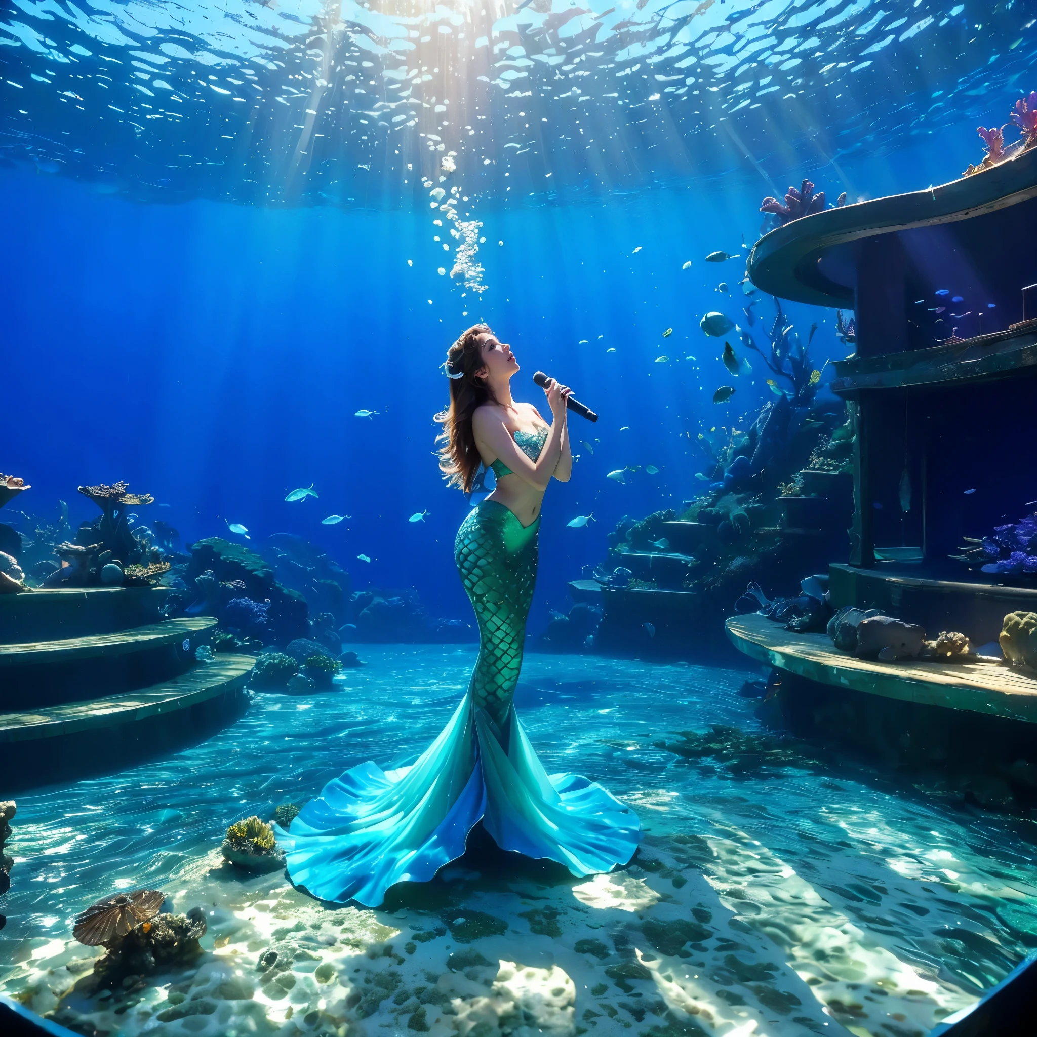 (best quality,4k,8k,highres,masterpiece:1.2),ultra-detailed,(realistic,photorealistic,photo-realistic:1.37),Mermaid idol holds concert on underwater stage,illustration,glowing stage lights,crystal clear water,giant clamshells,coral reefs,tropical fishes,seaweed,sparkling scales,beautiful detailed eyes, beautiful detailed lips, singing mermaid, mesmerizing vocals,dancing spectators, colorful costumes, magical aura, underwater amphitheater, mesmerizing performance, breathtaking scenery, lively atmosphere, enchanting melodies, sea creatures, musical symphony, crowd cheering, endless applause, magical music, ocean breeze, dreamy setting, vibrant colors, surreal experience, underwater paradise, stunning visuals