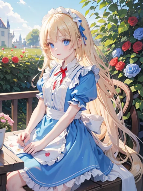 (8k, highest quality, Tabletop:1.2)、Gothic art、Alice in Wonderland, One 10-year-old girl, Detailed face、blue eyes, Blonde, Red r...