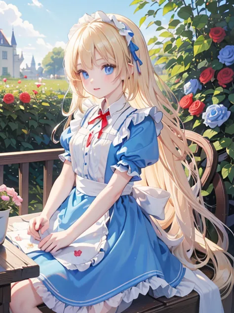 (8k, highest quality, tabletop:1.2)、gothic art、alice in wonderland, one 10-year-old girl, detailed face、blue eyes, blonde, red r...