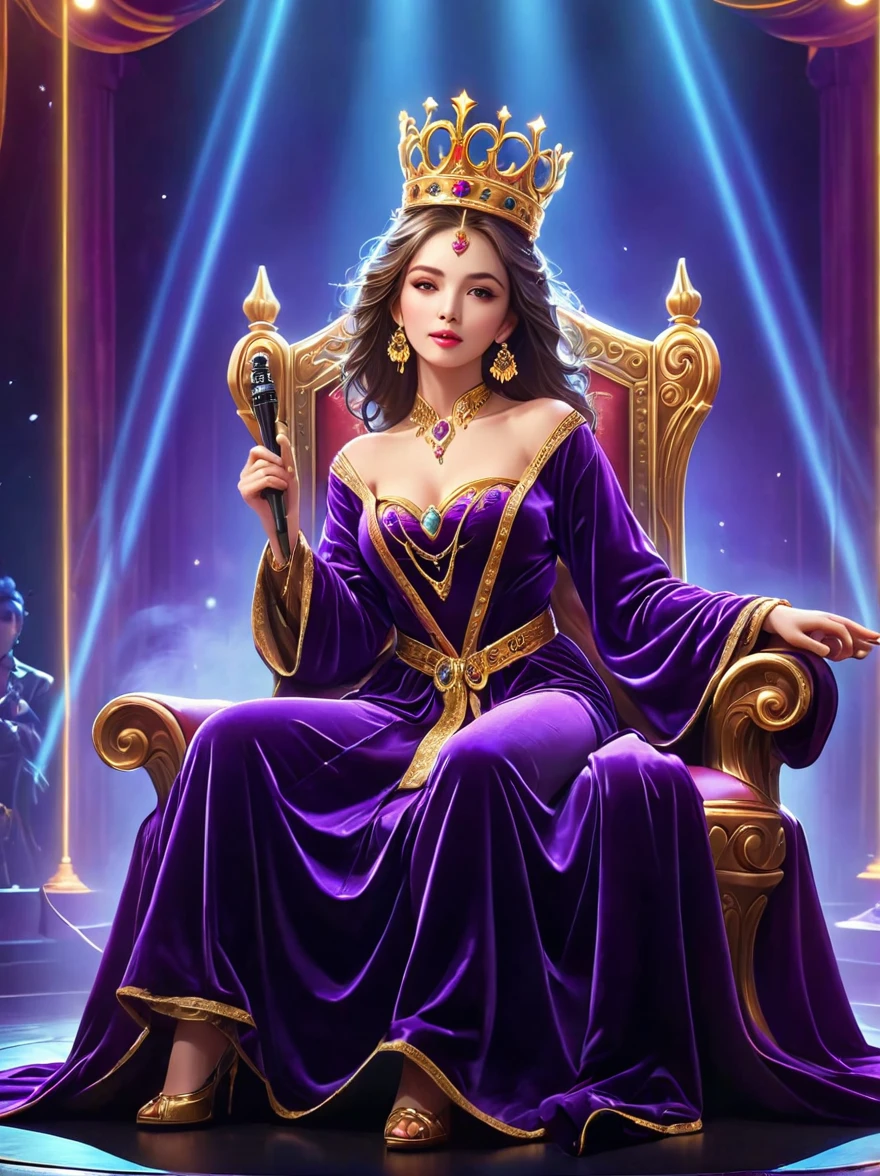 最高品質，8k, 高解像度，傑作，フォトリアリスティックな効果，週末，壮麗な王座に座る，金の王冠をかぶる，王室の紫色のベルベットのローブを着て，絶妙なジュエリーを身に着けている，舞台照明の下で，自信に満ちた表情。スリムなマイクは手にフィットします，ステージは煙で満たされている，ライトは人に焦点を当てる，神秘的で魅力的な雰囲気を醸し出します，美しい目と唇，影の背景に対してさらに魅力的，レーザーショーと動く舞台効果が脈動するネオンライトを引き立てます，活気のあるパフォーマンスの雰囲気を演出，ステージの床は光り輝いている，群衆は熱狂した，温かい雰囲気，目を引くステージデザイン，テクノロジー満載，世界クラスの生産基準，現代的なエンターテインメント体験をお届けします，音楽と映像が完璧に融合，芸術的表現力と音楽的才能を発揮する，魅力的なステージスタイルが人々を酔わせる