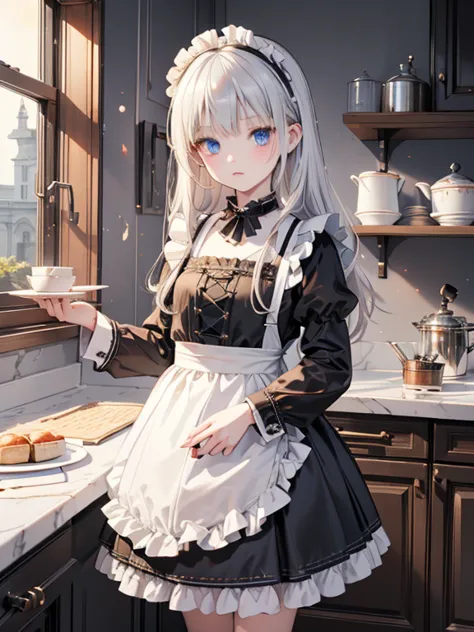 (8k, highest quality, Tabletop:1.2)、Gothic art、Two maids, (8-year-old girl, Detailed face、blue eyes, Blonde, Black maid outfit),...