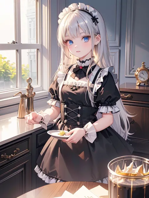 (8k, highest quality, Tabletop:1.2)、Gothic art、(Two maids, (8-year-old girl, Detailed face、blue eyes, Blonde, Black maid outfit)...