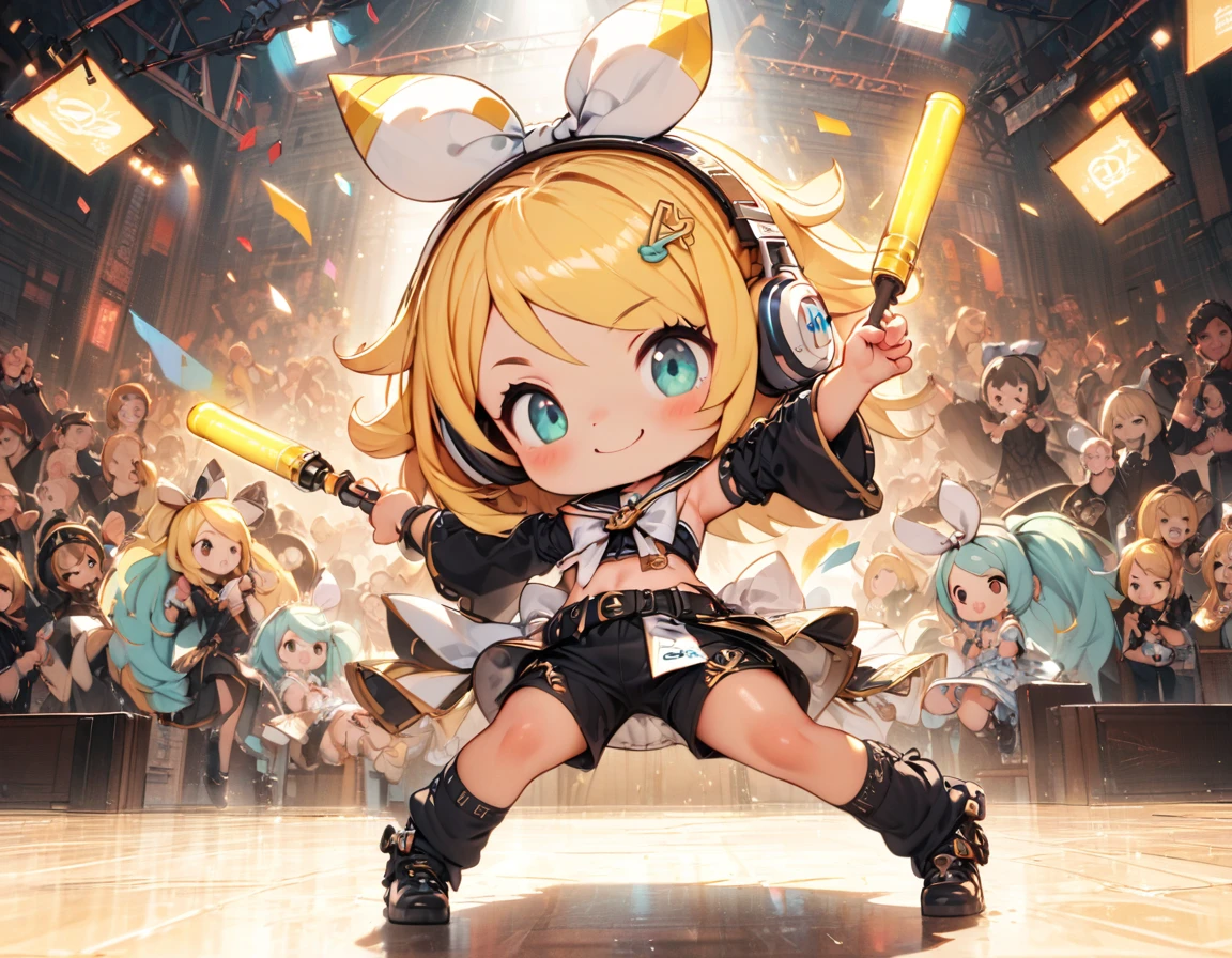 KAGAMINE RIN\(cocaloid\),solo,1female\(cute,kawaii,age of 10,KAGAMINE RIN\(vocaloid\),blonde hair, short hair,red tattoo of numbers"02" on shoulder,(big white bow),sleeveless white shirt,detached black arm bell sleeves,(arm sleeves are black bell sleeves:1.2),belt,sailor collar,white headphones,black shorts,black  knee high leg warmers,open shoulder,singing and dancing,very cute pose,korean idol pose,dynamic pose,cute smile,(full body),looking away\), BREAK ,background\((live stage),colorful confetti,pastel color spotlights,many colorful music notes,(many audience waving yellow glow sticks at audience seats),\), BREAK ,quality\(8k,wallpaper of extremely detailed CG unit, ​masterpiece,hight resolution,top-quality,top-quality real texture skin,hyper realisitic,increase the resolution,RAW photos,best qualtiy,highly detailed,the wallpaper,cinematic lighting,ray trace,golden ratio\),RIN is so so cute,dynamic angle,long shot,wide shot,landscape,[chibi]