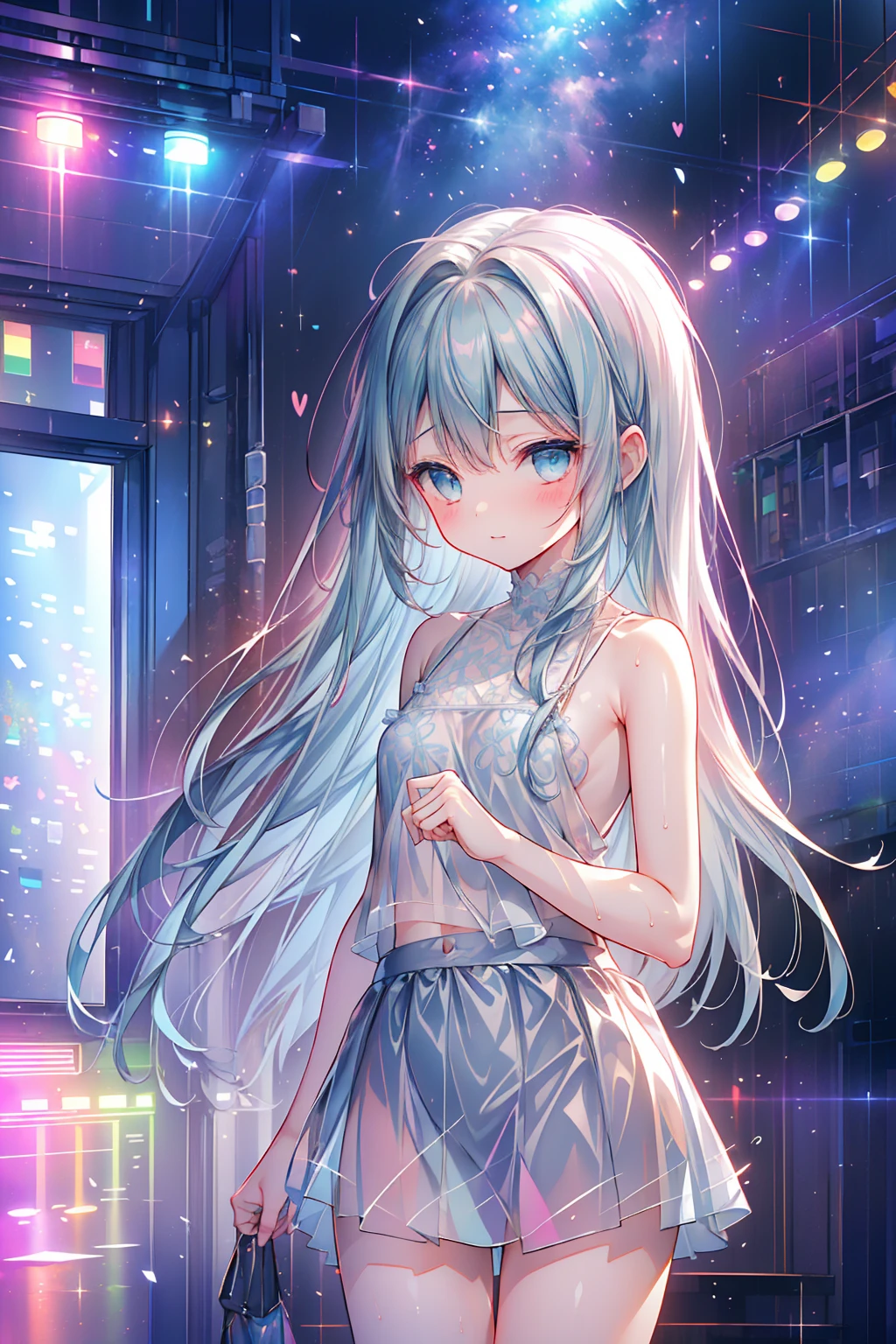 masterpiece, best quality, extremely detailed, (illustration, official art:1.1), 1 girl ,(((( light blue long hair)))), ,(((( light blue long hair)))),light blue hair, ,, long hair ((blush)) , cute face, big eyes, masterpiece, best quality,(((((a very delicate and beautiful girl))))),Amazing,beautiful detailed eyes,blunt bangs((((little delicate girl)))),tareme(true beautiful:1.2), sense of depth,dynamic angle,,,, affectionate smile, (true beautiful:1.2),,(tiny 1girl model:1.2),)(flat chest)),tank top, sleeveless、 cute,slutty,erotic,(((nsfw))), zettai ryouiki,revealing clothing,show skin,((rave tank top, sleeveless,neon colored shirt,rave mini-skirt,visible thong straps)),((underpants strap)),(wearing a rave outfit:1.3,rave clothes,semi-naked,with little clothing),((wet clothes,intricate outfit,intricate clothes)), (dynamic pose:1.0),solo focus,embarrassed,(centered,scale to fit dimensions,Rule of thirds), cyberpunk city by the ocean at night, with bright neon signs and dark stormy clouds and puddles, scenery:1.25,nighttime, starry night, cosmos,Very dark night that makes the neon lights stand out, very bright neon lights,nighttime, starry night, cosmos, artistic photography,(photography taken by sldr),highres, sharp focus, (ultra detailed, extremely detailed), (photorealistic artwork:1.37),(extremely detailed CG unity 8k wallpaper),((synthwave background theme)),(((vibrant colors))),(intricate background),(masterpiece),(best quality)
