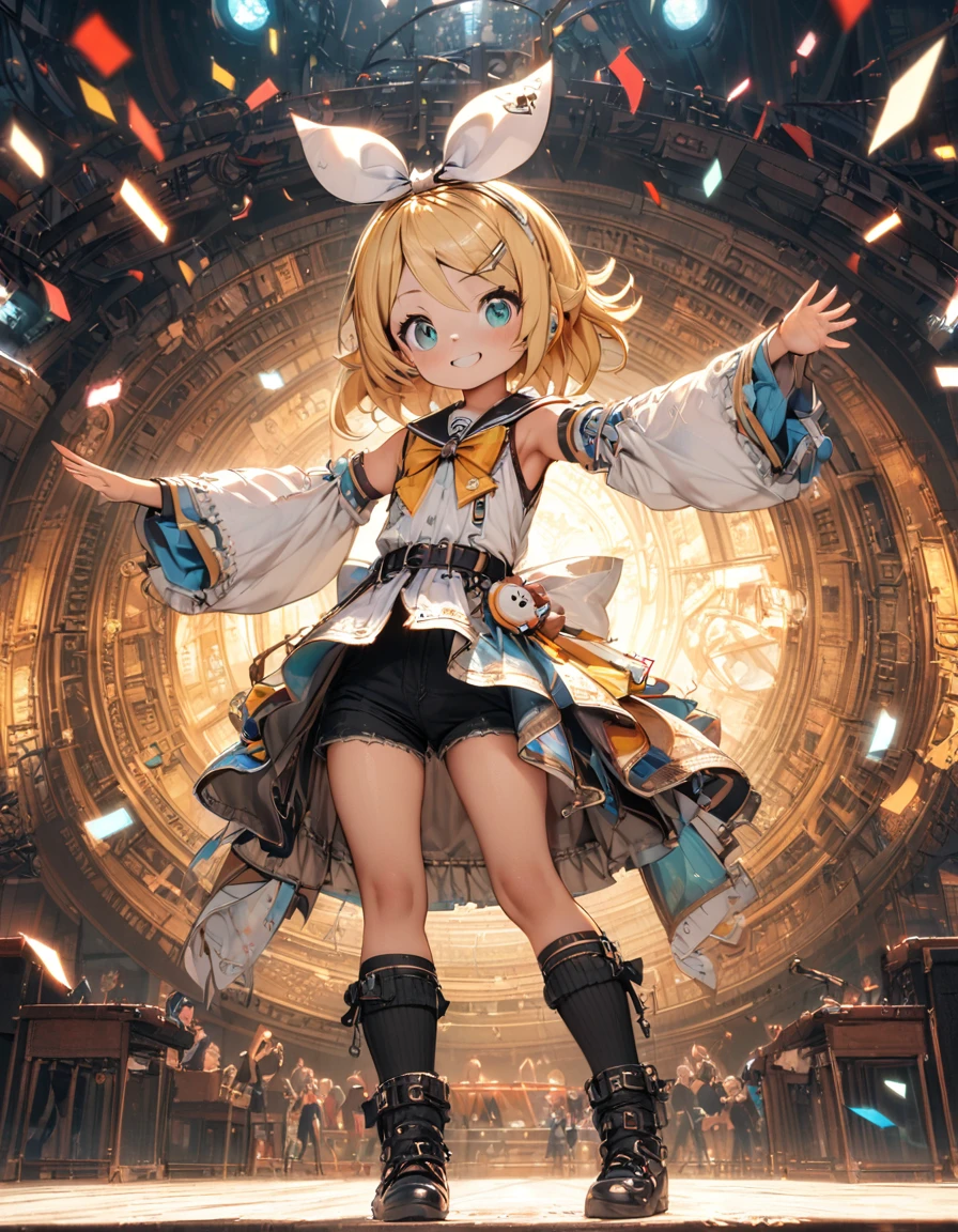 KAGAMINE RIN\(cocaloid\),solo,1female\(cute,kawaii,age of 10,KAGAMINE RIN\(vocaloid\),blonde hair, short hair,red tattoo of numbers"02" on shoulder,(big white bow),sleeveless white shirt,detached black arm bell sleeves,(arm sleeves are black bell sleeves:1.2),belt,sailor collar,white headphones,black shorts,black  knee high leg warmers,open shoulder,singing and dancing,(very cute pose),korean idol pose,dynamic pose,(cute big smile),(full body),looking away\), BREAK ,background\((live stage),colorful confetti,pastel color spotlights,many colorful music notes,(many audience waving yellow glow sticks at audience seats),\), BREAK ,quality\(8k,wallpaper of extremely detailed CG unit, ​masterpiece,hight resolution,top-quality,top-quality real texture skin,hyper realisitic,increase the resolution,RAW photos,best qualtiy,highly detailed,the wallpaper,cinematic lighting,ray trace,golden ratio\),RIN is so so cute,dynamic angle,long shot,wide shot,landscape,