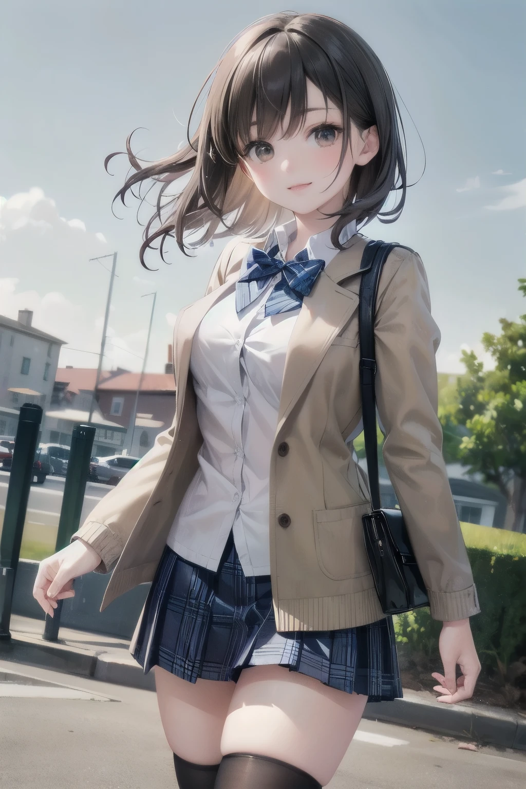 very cute and beautiful girl,teen,(highly detailed beautiful face),(smile),happy,cowboy shot, (brown jacket),collared shirt,plaid bowtie BREAK detailed legs,zettai ryouiki,brown shoulder bag, stylish pose,hair pin,black hair,(blue plaid mini skirt:1.2),stone gate,school entrance,colorful rose flowers, (best quality,masterpiece),absurdres,highres,ultra-detailed,extremely detailed,32k,8k resolution, intricate details,cinematic scene,detailed background,solo,dynamic angle, hair fluttering in the wind,beautiful detailed sky,(realistic,photorealistic),aesthetic beautiful darkbrown eyes,