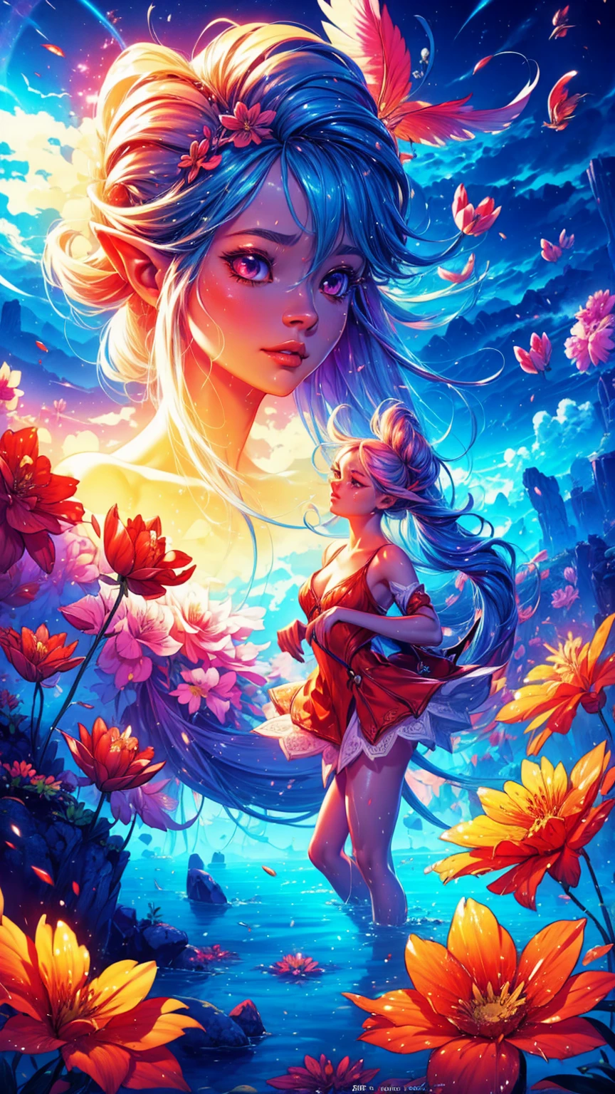"((Fantasy-Kunst)) mit einem außerirdischen Mädchen, eingetaucht in eine himmlische Symphonie, Wolken verwandeln sich in helle Spritzer, Blumen sind verstreut, wie Noten im Wind, visuelle Orchestrierung von Farbe und Wunder"