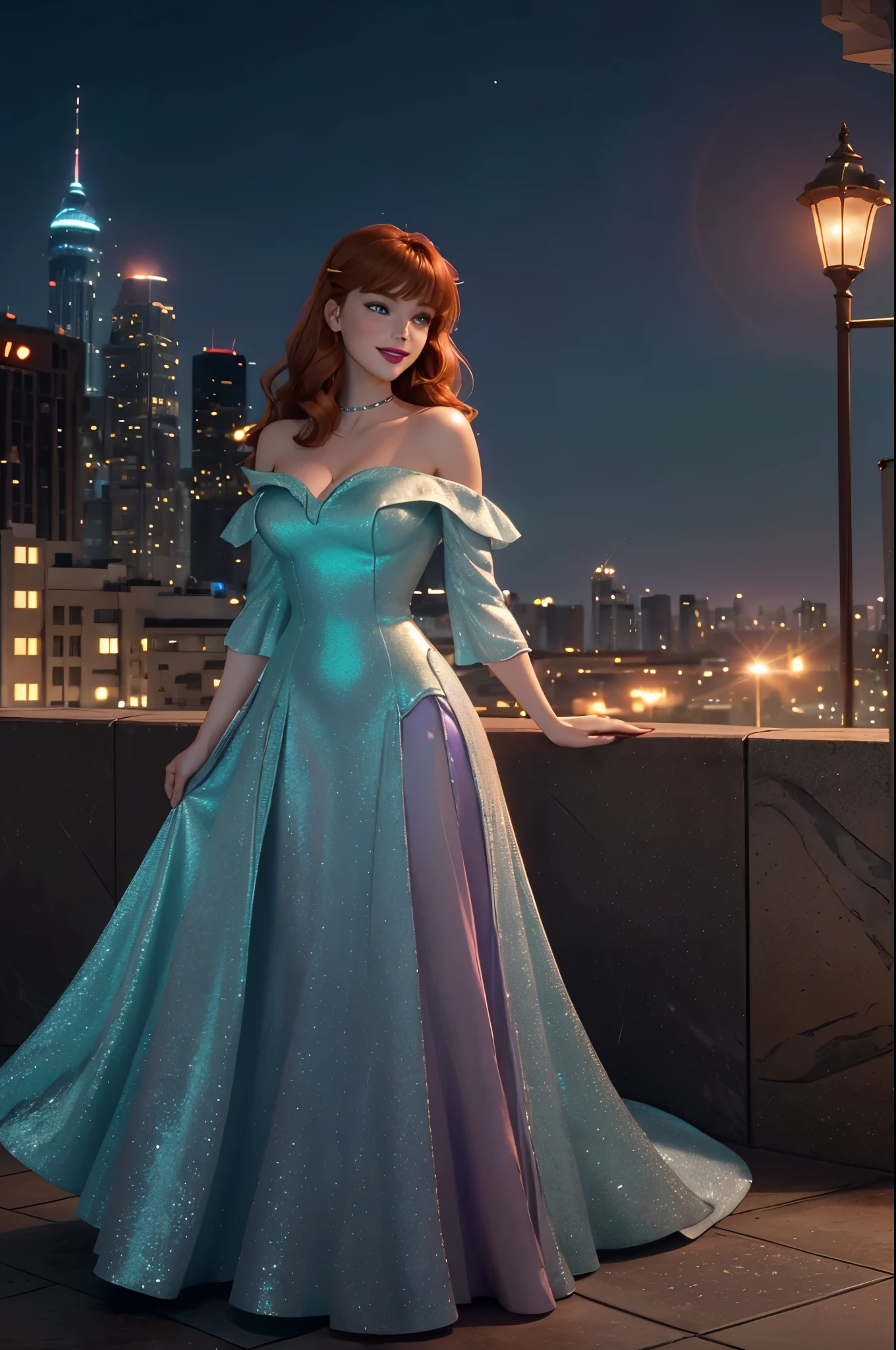 DisneyAurora 27 years old, ((( Taylor Swift:Emma Stone:0.7))) Beautiful woman (((shoulder length wavy auburn hair))) (bangs:1.2) (sparkling seafoam dress, long skirt) iridescent clothing (purple eyes) defined body, Red lipstick, smiling, hands free, standing, high tech cyberpunk city rooftop, night, (huge_breasts:1.2) (curvy:1.2)