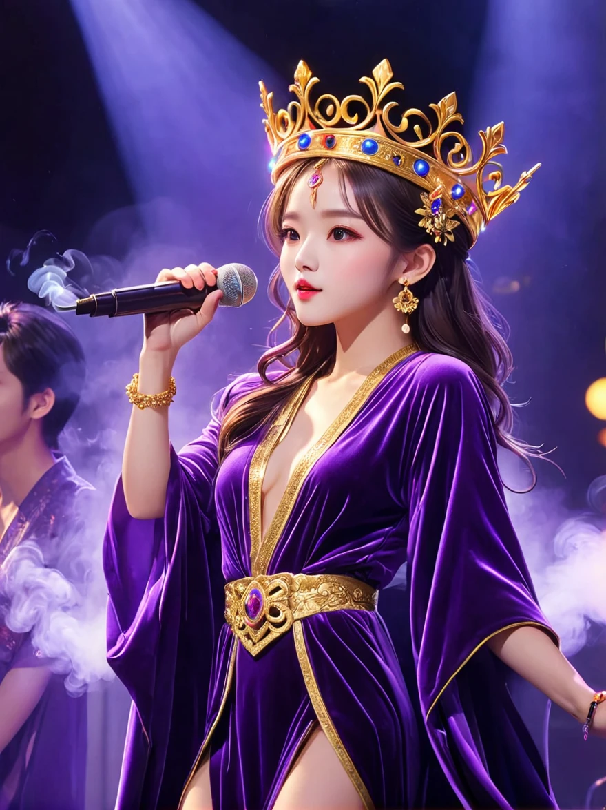 (Vision:1.5)，1girl, concert，audience, (Idol stage)，weekend，Standing on the magnificent idol stage，Wearing a golden crown，Dressed in a royal purple velvet robe，Wearing exquisite jewelry，Under the stage lights，A confident expression，The slim microphone fits in your hand，The stage is filled with smoke，Lights focus on people，It creates a mysterious and charming atmosphere，Beautiful eyes and lips，Even more attractive against the shadow background，Laser shows and moving stage effects complement the pulsating neon lights，Create a vibrant performance atmosphere，The stage floor is gleaming，The crowd was enthusiastic，Warm atmosphere，Eye-catching stage design，Full of technology，World-class production standards，Bringing a modern entertainment experience，Music and images blend perfectly，Demonstrating artistic expression and musical talent，The charming stage style makes people intoxicated，Best quality，8K, high resolution，masterpiece，Photorealistic effects，
