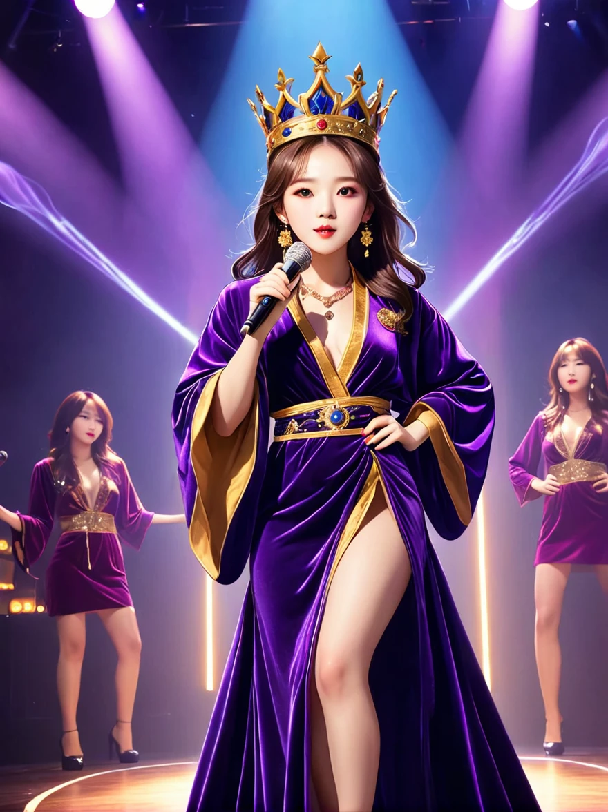 (Vision:1.5)，1girl, concert，audience, (Idol stage)，weekend，Standing on the magnificent idol stage，Wearing a golden crown，Dressed in a royal purple velvet robe，Wearing exquisite jewelry，Under the stage lights，A confident expression，The slim microphone fits in your hand，The stage is filled with smoke，Lights focus on people，It creates a mysterious and charming atmosphere，Beautiful eyes and lips，Even more attractive against the shadow background，Laser shows and moving stage effects complement the pulsating neon lights，Create a vibrant performance atmosphere，The stage floor is gleaming，The crowd was enthusiastic，Warm atmosphere，Eye-catching stage design，Full of technology，World-class production standards，Bringing a modern entertainment experience，Music and images blend perfectly，Demonstrating artistic expression and musical talent，The charming stage style makes people intoxicated，Best quality，8K, high resolution，masterpiece，Photorealistic effects，