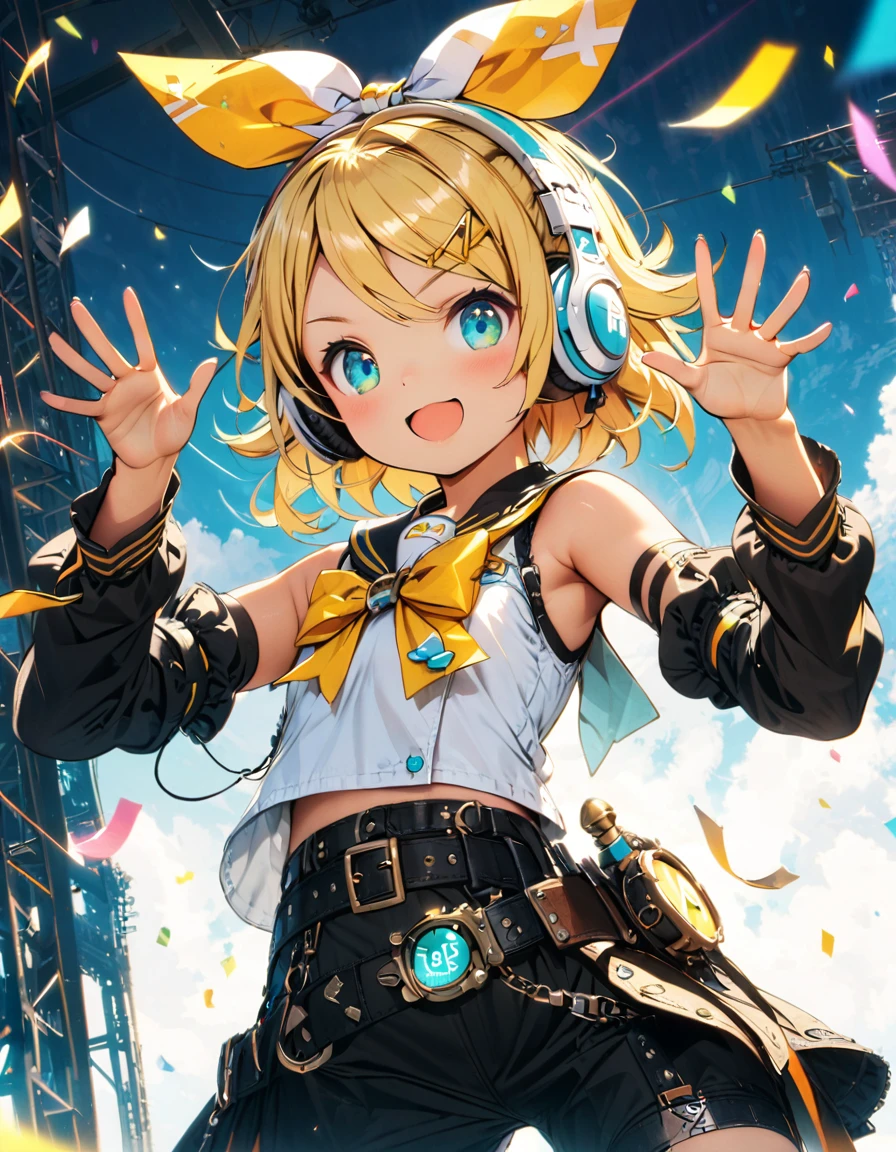 KAGAMINE RIN\(vocaloid\),solo,1female\(cute,kawaii,age of 10,KAGAMINE RIN\(vocaloid\),light yellow hair, short hair,red tattoo of numbers"02" on shoulder,(big white bow),sleeveless white shirt,detached black arm bell sleeves,(arm sleeves are black bell sleeves:1.2),belt,sailor collar,white headphones,black shorts,black  knee high leg warmers,yellow key strap at belt,open shoulder,singing and dancing,(very cute pose),(korean idol pose),dynamic pose,(cute big smile),(full body),looking away\), BREAK ,background\((live stage),colorful confetti,pastel color spotlights,(many colorful music notes),(many audience waving yellow glow sticks at audience seats),\), BREAK ,quality\(8k,wallpaper of extremely detailed CG unit, ​masterpiece,hight resolution,top-quality,top-quality real texture skin,hyper realisitic,increase the resolution,RAW photos,best qualtiy,highly detailed,the wallpaper,cinematic lighting,ray trace,golden ratio\),RIN is so so cute,dynamic angle,long shot,wide shot,landscape,