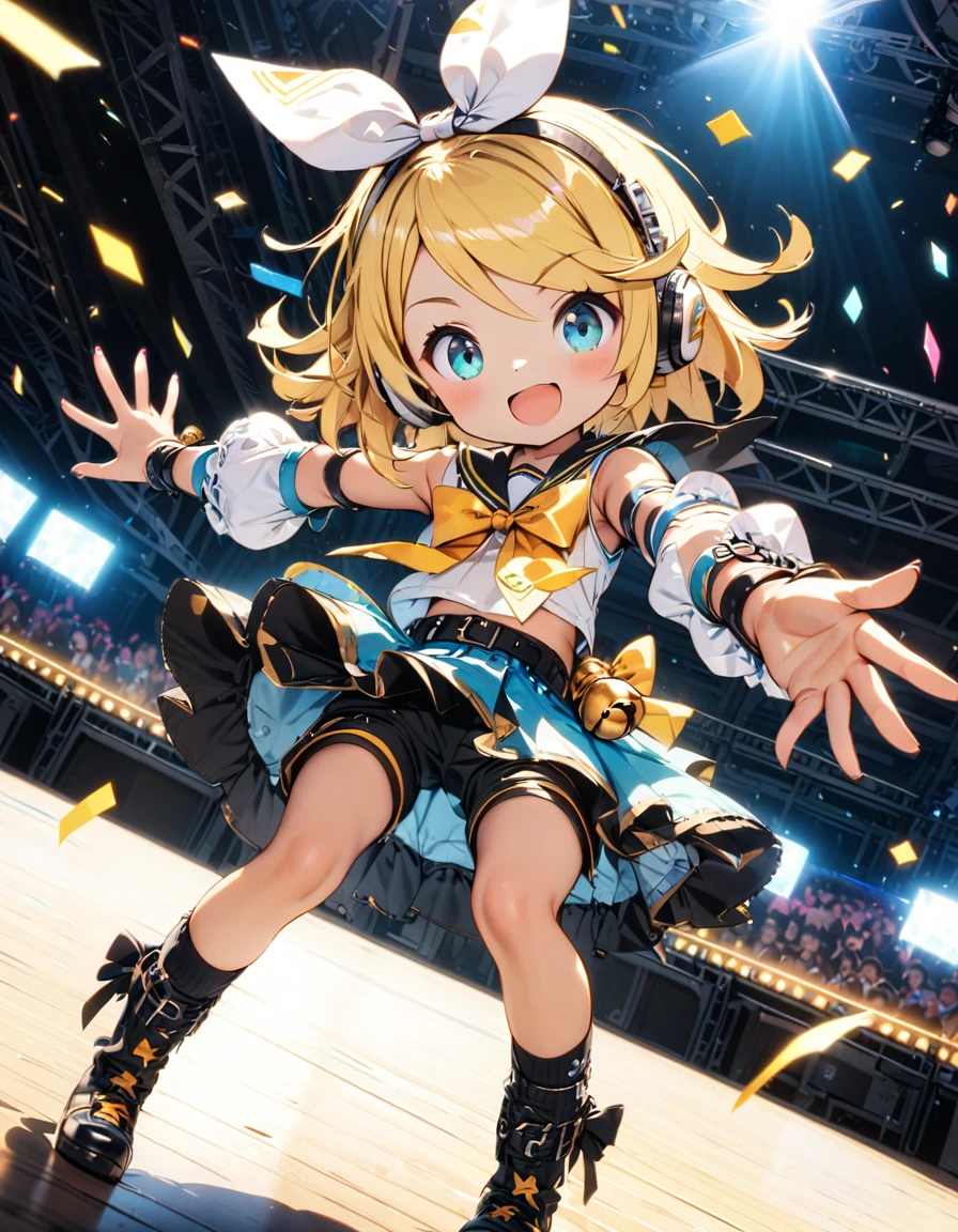 KAGAMINE RIN\(vocaloid\),solo,1female\(cute,kawaii,age of 10,KAGAMINE RIN\(vocaloid\),light yellow hair, short hair,red tattoo of numbers"02" on shoulder,(big white bow),sleeveless white shirt,detached black arm bell sleeves,(arm sleeves are black bell sleeves:1.2),belt,sailor collar,yellow wide tie,white headphones,black shorts,black  knee high leg warmers,yellow key strap at belt,open shoulder,singing and dancing,(very cute pose),(korean idol pose),dynamic pose,(cute big smile),(full body),looking away\), BREAK ,background\((live stage),colorful confetti,pastel color spotlights,(many colorful music notes),(many audience waving yellow glow sticks at audience seats),\), BREAK ,quality\(8k,wallpaper of extremely detailed CG unit, ​masterpiece,hight resolution,top-quality,top-quality real texture skin,hyper realisitic,increase the resolution,RAW photos,best qualtiy,highly detailed,the wallpaper,cinematic lighting,ray trace,golden ratio\),RIN is so so cute,dynamic angle,long shot,wide shot,(aerial view:0.3)