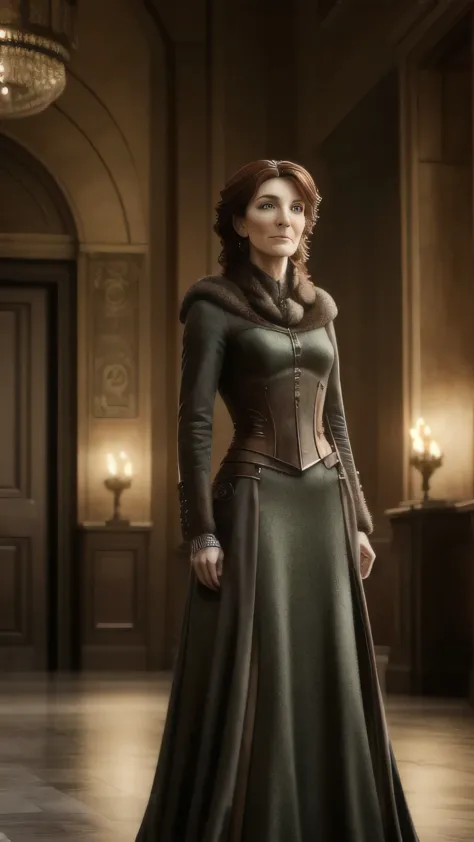 steampunkai, (michelle fairley) as catelyn stark, green steampunk velvet dress, standing, in a big hall, (1woman), (solo), (full...