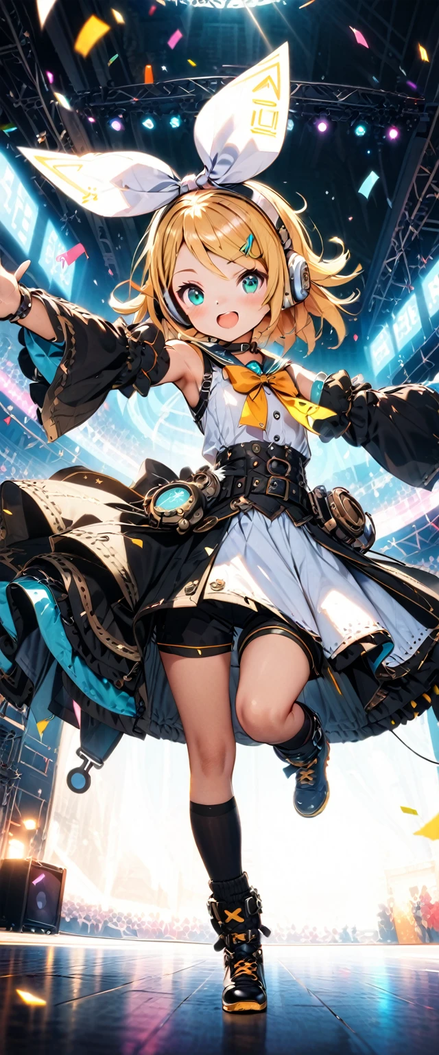 KAGAMINE RIN\(vocaloid\),solo,1female\(cute,kawaii,age of 10,KAGAMINE RIN\(vocaloid\),light yellow hair, short hair,red tattoo of numbers"02" on shoulder,(big white bow),sleeveless white shirt,detached black arm bell sleeves,(arm sleeves are black bell sleeves:1.2),belt,sailor collar,yellow wide tie,white headphones,black short pants,black knee high leg warmers,yellow key strap at belt,open shoulder,singing and dancing,(very cute pose:1.5),(korean idol pose:1.5),dynamic pose,(cute big smile),(full body),looking away\), BREAK ,background\((live stage),colorful confetti,pastel color spotlights,(many colorful music notes),(many audience waving yellow glow sticks at audience seats:1.3),\), BREAK ,quality\(8k,wallpaper of extremely detailed CG unit, ​masterpiece,hight resolution,top-quality,top-quality real texture skin,hyper realisitic,increase the resolution,RAW photos,best qualtiy,highly detailed,the wallpaper,cinematic lighting,ray trace,golden ratio\),RIN is so so cute,dynamic angle,long shot,wide shot,(aerial view:0.3)