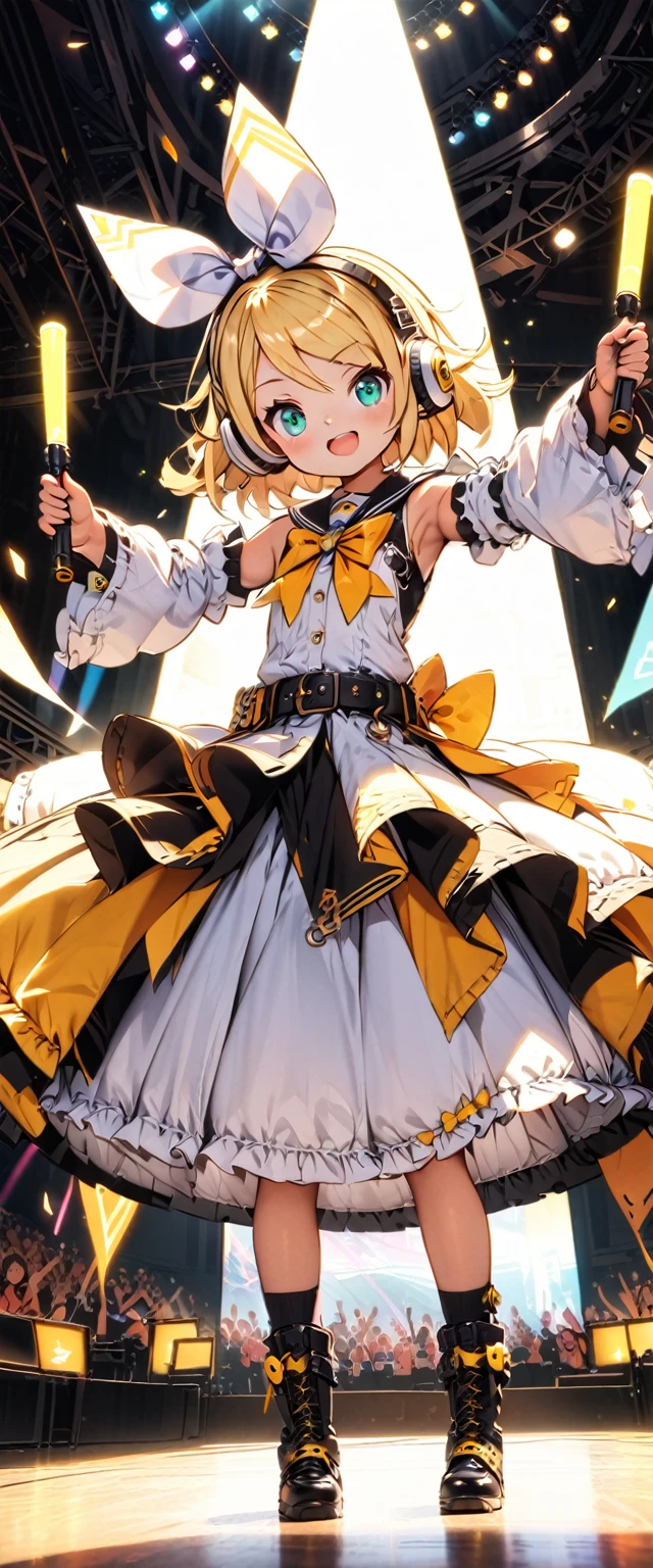 KAGAMINE RIN\(vocaloid\),solo,1female\(cute,kawaii,age of 10,KAGAMINE RIN\(vocaloid\),light yellow hair, short hair,red tattoo of numbers"02" on shoulder,(big white bow),sleeveless white shirt,detached black arm bell sleeves,(arm sleeves are black bell sleeves:1.2),belt,sailor collar,yellow wide tie,white headphones,black short pants,black knee high leg warmers,yellow key strap at belt,open shoulder,singing and dancing,(very cute pose:1.5),(korean idol pose:1.5),dynamic pose,(cute big smile),(full body),looking away\), BREAK ,background\((live stage),colorful confetti,pastel color spotlights,(many colorful music notes),(many audience waving yellow glow sticks at audience seats:1.3),\), BREAK ,quality\(8k,wallpaper of extremely detailed CG unit, ​masterpiece,hight resolution,top-quality,top-quality real texture skin,hyper realisitic,increase the resolution,RAW photos,best qualtiy,highly detailed,the wallpaper,cinematic lighting,ray trace,golden ratio\),RIN is so so cute,dynamic angle,long shot,wide shot,(aerial view:0.3)