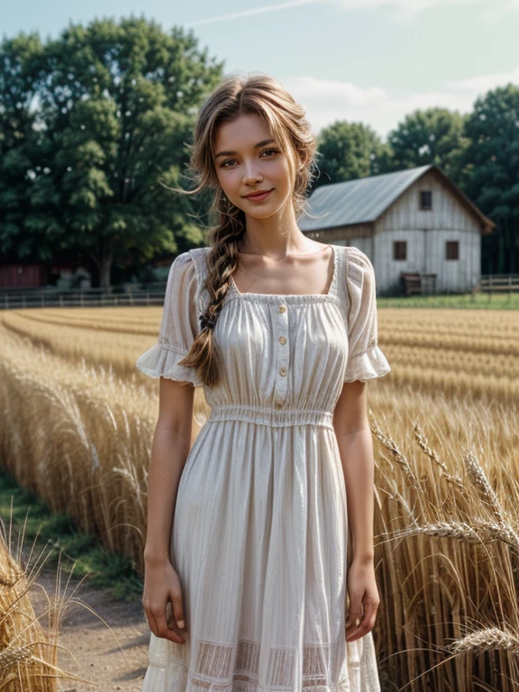 女の子1人, 20年, 背が高くて魅力的, かわいいカントリードレスを着て, 髪を編んだ, 村の農場に立つ. 彼女は優しい, 優しい笑顔と表情豊かな目. 背景にある魅力的な納屋., 黄金色の小麦畑と澄み切った青空. 構図はゴールデンアワーの暖かい光に包まれるべきである., 柔らかい被写界深度と柔らかいボケ, 牧歌的な静けさを強調する. このような画像を撮影する, まるでヴィンテージの35mmフィルムで撮影されたかのよう, さらに魅力的にするために., 映画,