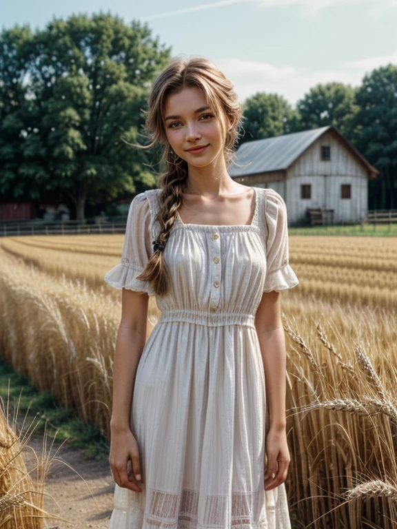 1 girl, 20 years, tall and attractive, in a cute country dress, hair braided, standing on a village farm. She has a soft, gentle smile and expressive eyes. Charming barns in the background., golden wheat fields and clear blue skies. The composition should be bathed in the warm light of the golden hour., with soft depth of field and soft bokeh, emphasizing the idyllic tranquility. Shoot images like this, as if they were shot on vintage 35mm film, to make them even more attractive., Movie,