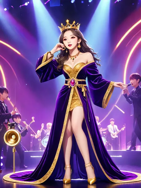 (Vision:1.8)，1girl, concert，(audience:1.5), (Idol stage:1.5)，weekend，站在金碧辉煌的Idol stage上，Wearing a golden crown，Dressed in a roya...