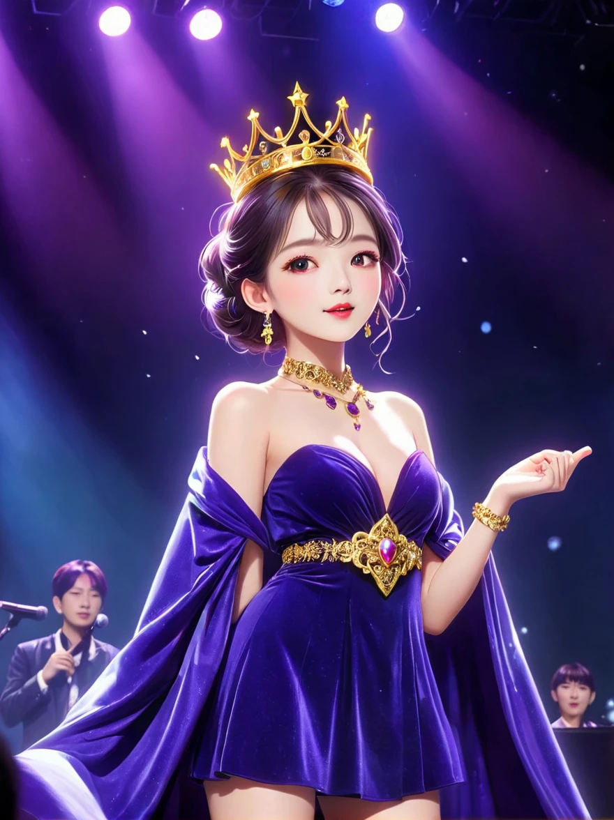 (Vision:1.8)，1girl, concert，(audience:1.5), (Idol stage:1.5)，weekend，Standing on the magnificent idol stage，Wearing a golden crown，Dressed in a royal purple velvet robe，Wearing exquisite jewelry，Under the stage lights，A confident expression，The slim microphone fits in your hand，The stage is filled with smoke，Lights focus on people，It creates a mysterious and charming atmosphere，Beautiful eyes and lips，Even more attractive against the shadow background，Laser shows and moving stage effects complement the pulsating neon lights，Create a vibrant performance atmosphere，The stage floor is gleaming，The crowd was enthusiastic，Warm atmosphere，Eye-catching stage design，Full of technology，World-class production standards，Bringing a modern entertainment experience，Music and images blend perfectly，Demonstrating artistic expression and musical talent，The charming stage style makes people intoxicated，Best quality，8K, high resolution，masterpiece，Photorealistic effects，(Watching the Idol stage from a distance:1.6)，((Stage scene in telescope))