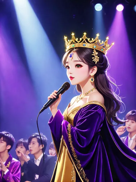 (Vision:1.8)，1girl, concert，(audience:1.5), (Idol stage:1.5)，weekend，站在金碧辉煌的Idol stage上，Wearing a golden crown，Dressed in a roya...