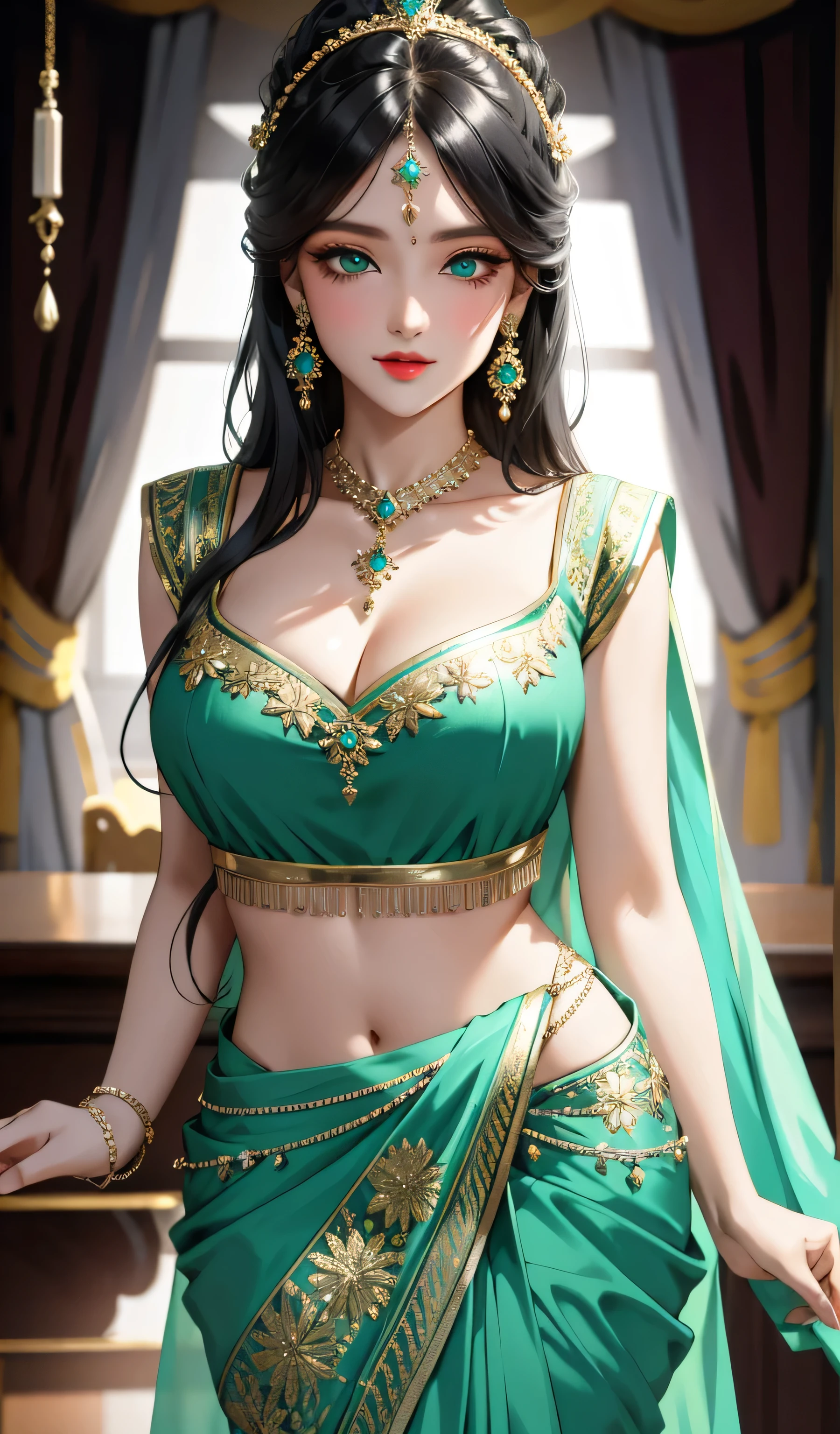 Sexy russian woman, muchas joyas, blusa de seda negra y sari verde claro, maquillaje increíble, Hermoso rostro, ojos amables, danza intrincada, mirada y baile tradicional