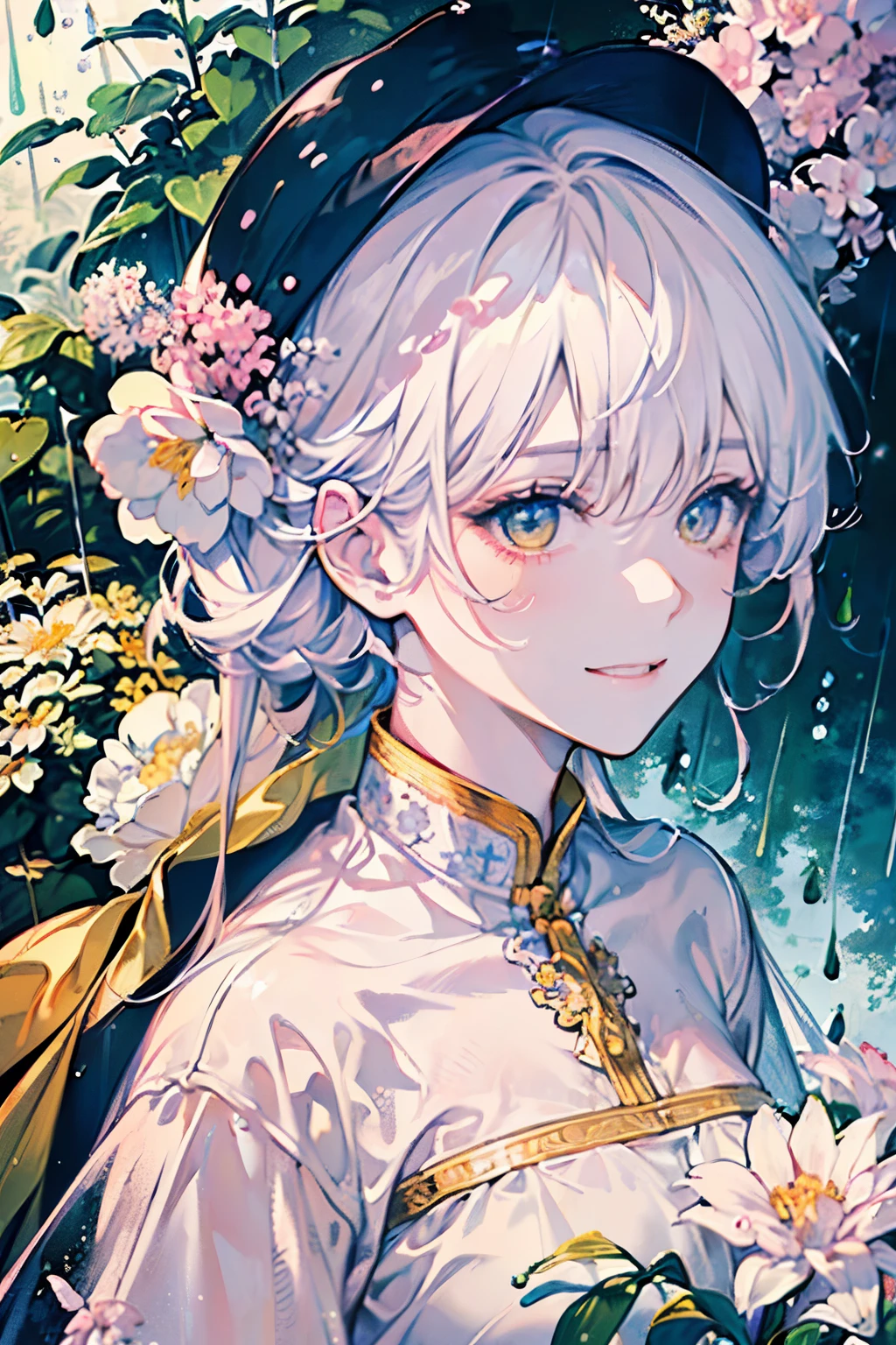 ((old male:1.45))、(masterpiece、highest quality、highest quality、Beautiful and beautiful:1.2)、(Good anatomy:1.5)、Painting of a girl with milky white straight hair、Shy smile、Sparkling Eyes、looking at the camera、Emerging from among the flowers and leaves、Suzuran、(it's raining:1.45)、(pink、white、yellow:1.25)