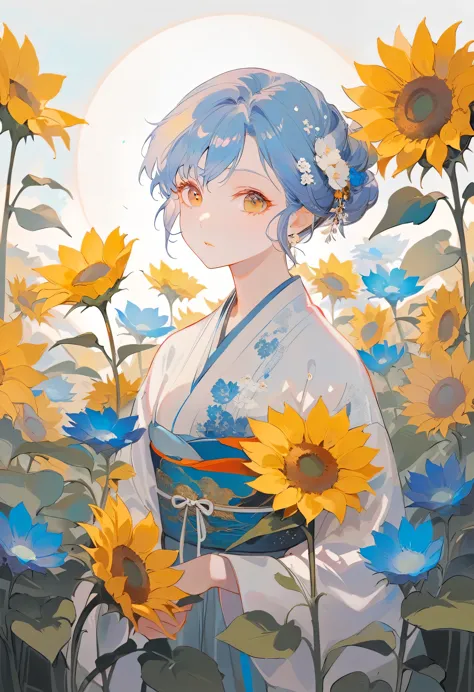 The composition of fictional characters, Dressed in young blue flowers, Surrounded by sunflowers, main character, With eyes open...