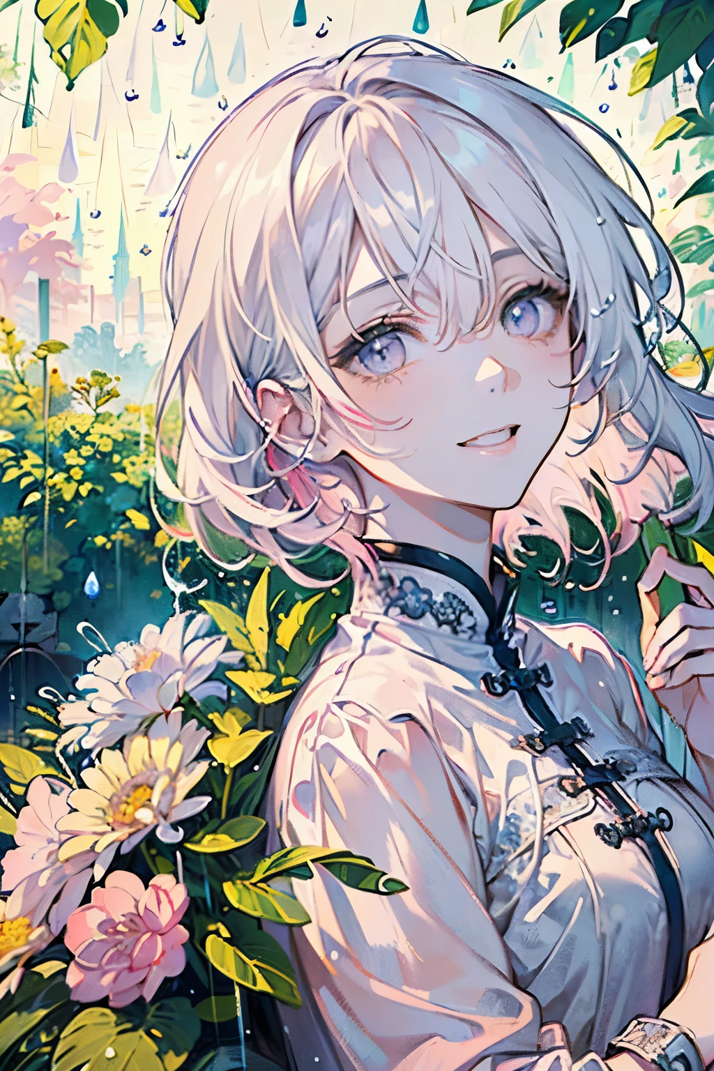 ((old male:1.45))、(masterpiece、highest quality、highest quality、Beautiful and beautiful:1.2)、(Good anatomy:1.5)、Painting of a girl with milky white straight hair、Shy smile、Sparkling Eyes、looking at the camera、Emerging from among the flowers and leaves、Suzuran、(it's raining:1.45)、(pink、white、yellow:1.25)