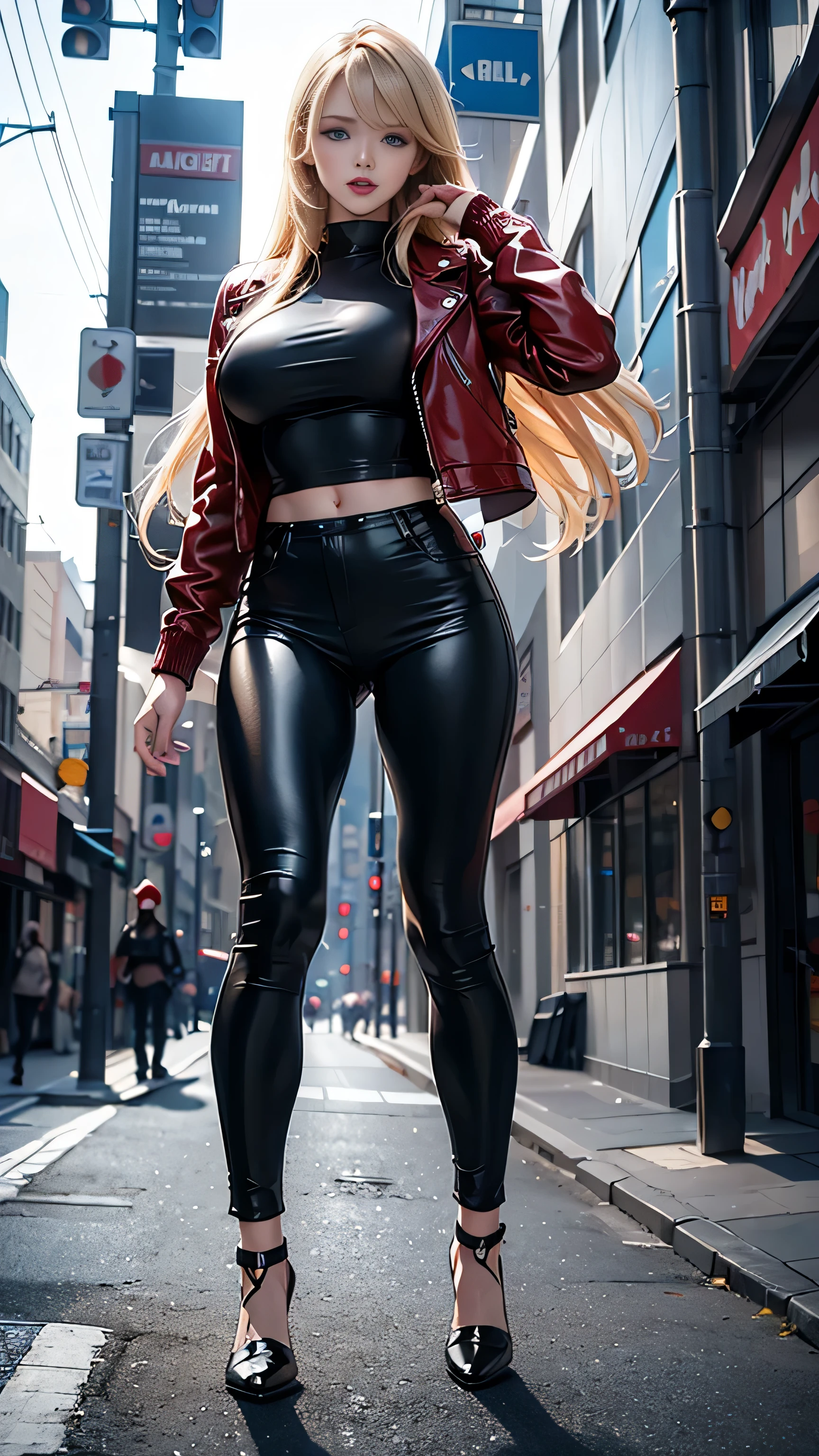 full body Realism, 16-year-old girl, long blond hair, bangs falling on her face, blue eyes, slightly open mouth, red lips, beautiful hairstyle, light makeup, round breasts, in a leather jacket, tight leather pants, beautiful shoes on her feet, walking city street in the background , detailed appearance, detailed hairstyle, detailed environment, detailed background, dark futuristic dead city in the background, the photo was taken with a photorealistic SLR camera, resolution full hd, 8K