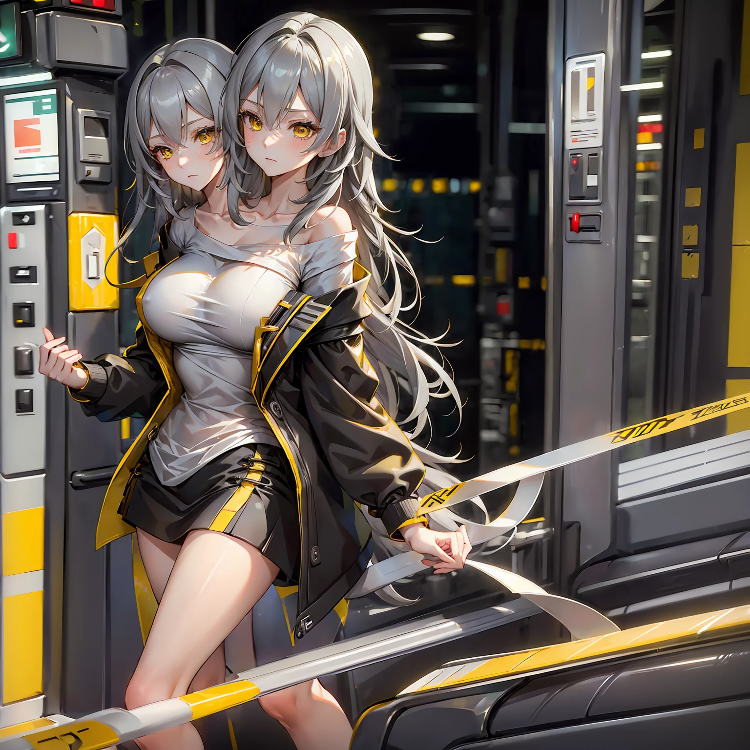 (masterpiece,best quality), best resolusion,2head:1.5,1 girl,Stelle character,long gray hair,yellow eyes,wearing a thin white shirt,wearing a black open jacket with yellow patterns,normal breasts, modern fast train background,beautiful face,beautiful hand,beautiful body,beautiful eyes,beautiful hair